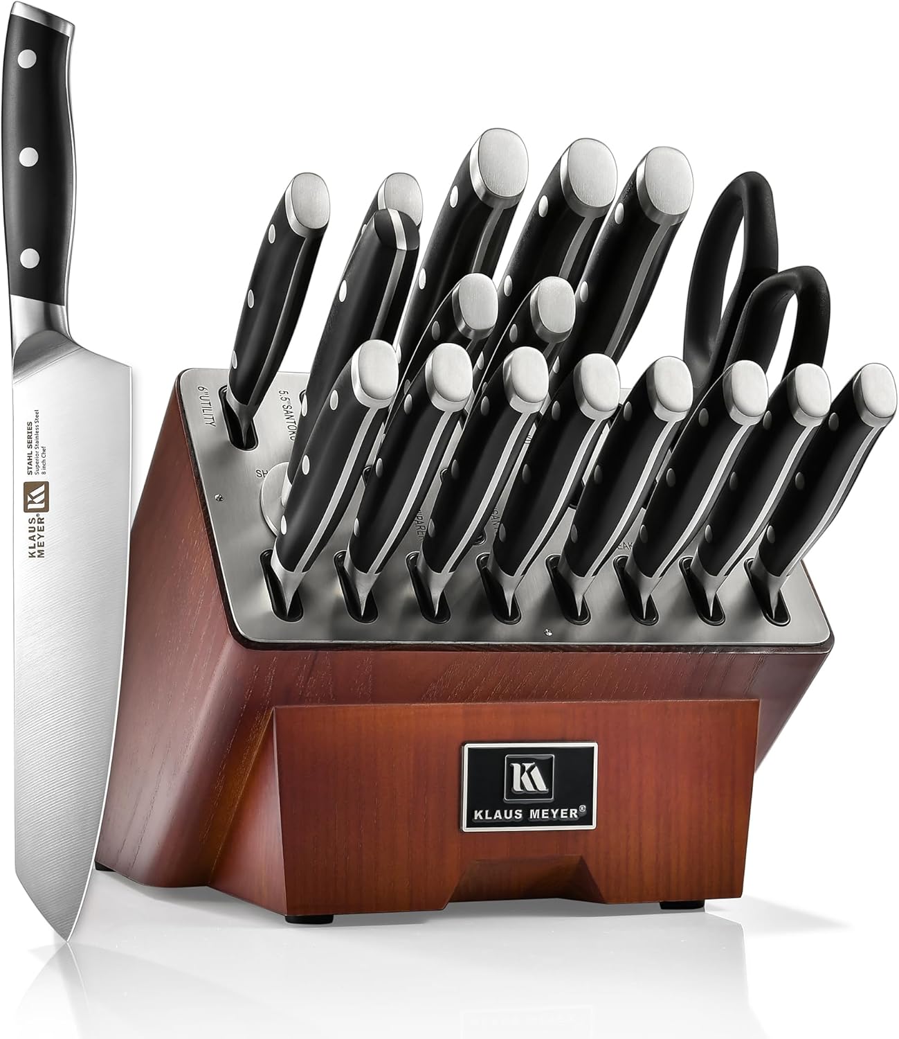 Klaus Meyer 19-Piece Knife Block Set with Sharpener, High Carbon German Stainless Steel (Stahl), Full-Tang Handles, Kitchen Knife Set (Black)