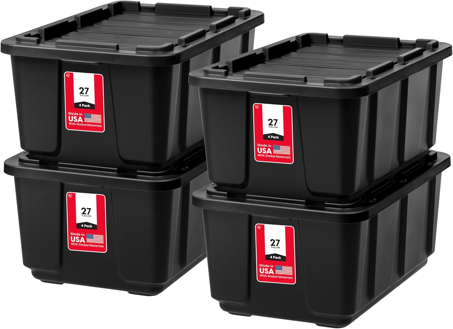 IRIS USA 4-Pack 27 Gallon Storage Bins with Lids |Made in USA| Heavy Duty Plastic Tote Containers for Truckbed Tool Box Organization, Large – Black