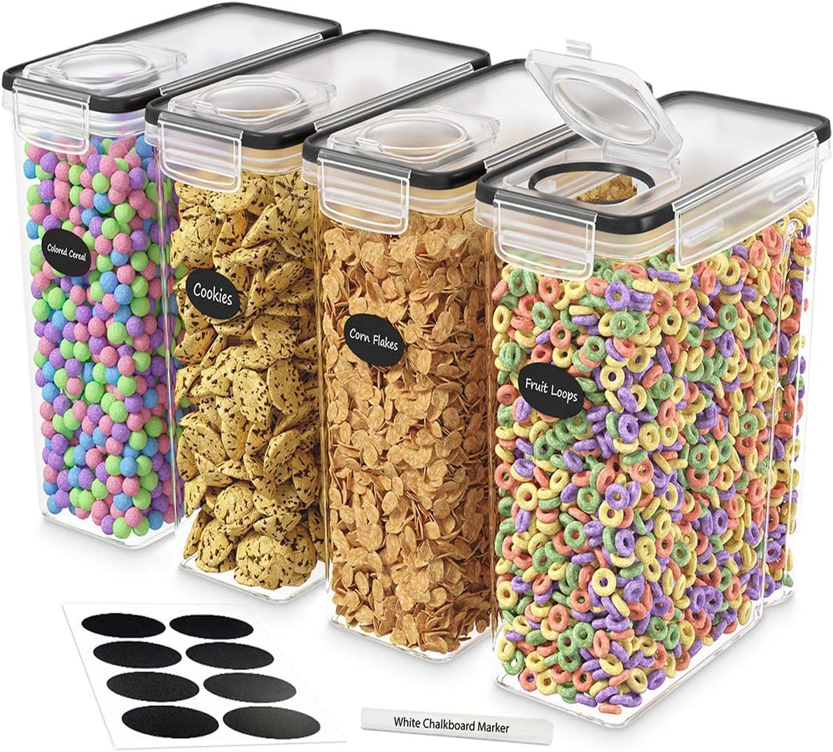 DWËLLZA KITCHEN Cereal Containers Storage 4L Set of 4 Airtight Food Storage Containers with Lids Cereal Dispenser Countertop Pantry Organization Canister for Rice Flour & Sugar 1 Marker 8 Labels