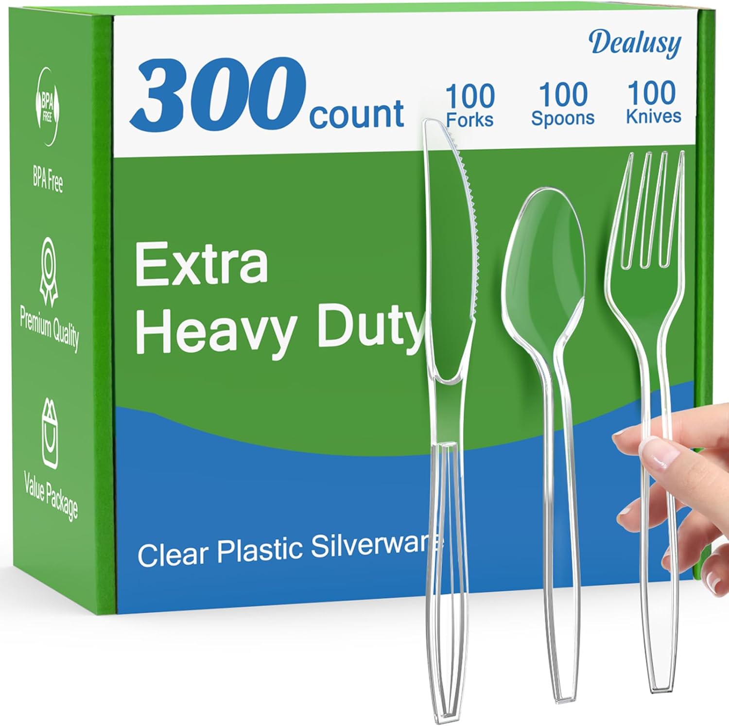 Dealusy 300 Count Extra Heavy Duty Clear Plastic Silverware, 100 Forks, 100 Spoons, 100 Knives, BPA-Free, Heat Resistant, Disposable Plastic Utensils Set, Plastic Cutlery Set, Plasticware Bulk