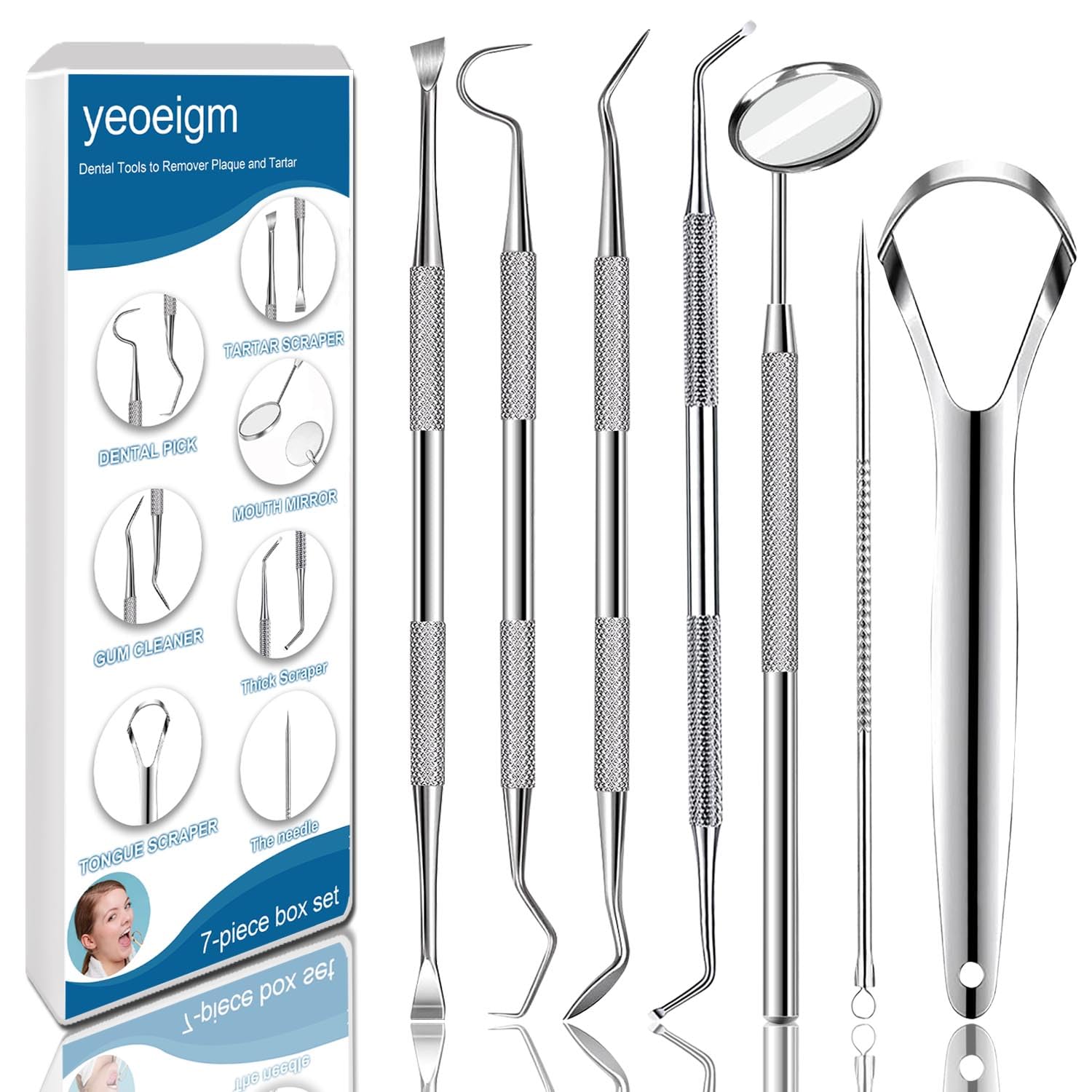 7pcs Dental Tools, Dental Pick Teeth Cleaning Tools Hygiene Kit, Professional Stainless Steel Tooth Scraper Plaque Tartar Cleaner – with Case, Personal Using, Pets – Teeth Cleaning Kit