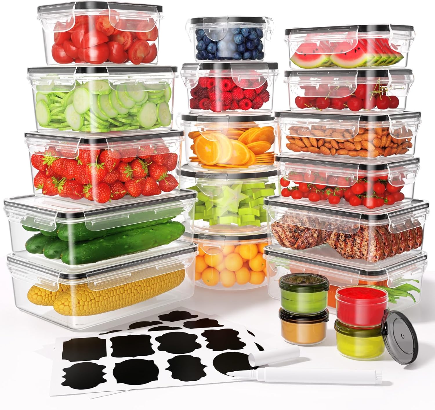 40 PCS Food Storage Containers with Lids Airtight (20 Containers & 20 Lids), Leak proof Meal Prep Container Set for Kitchen Storage, BPA-free, PVC-free Plastic, Microwave/Dishwasher Safe, Labels & Pen