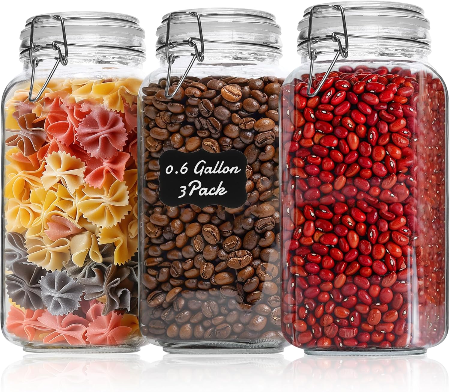 ComSaf 3-Pack 78oz Large Square Airtight Glass Jars for Bulk Food, Holds a 4lb Bag of Sugar or 5lb of Rice, Wide Mouth Canister for Flour, Coffee & Pantry Organization