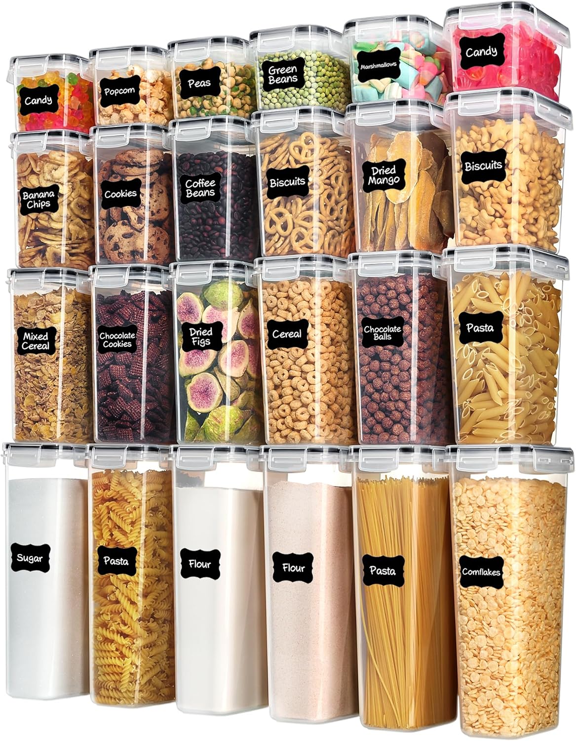 Airtight Food Storage Containers with Lids, Vtopmart 24 pcs Plastic Kitchen and Pantry Organization Canisters for Cereal, Dry Food, Flour and Sugar, BPA Free, Includes 24 Labels，Black