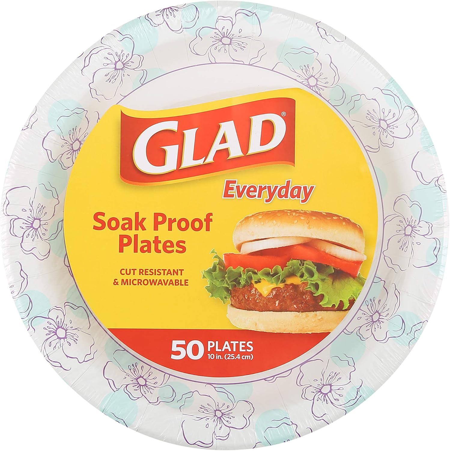 Glad Round Disposable Paper Plates, Blue Flower Design, Heavy Duty Soak Proof Cut Resistant Microwave Safe Plates for Meals, Parties, Picnics, and Events, 10 Inch, 50 Count