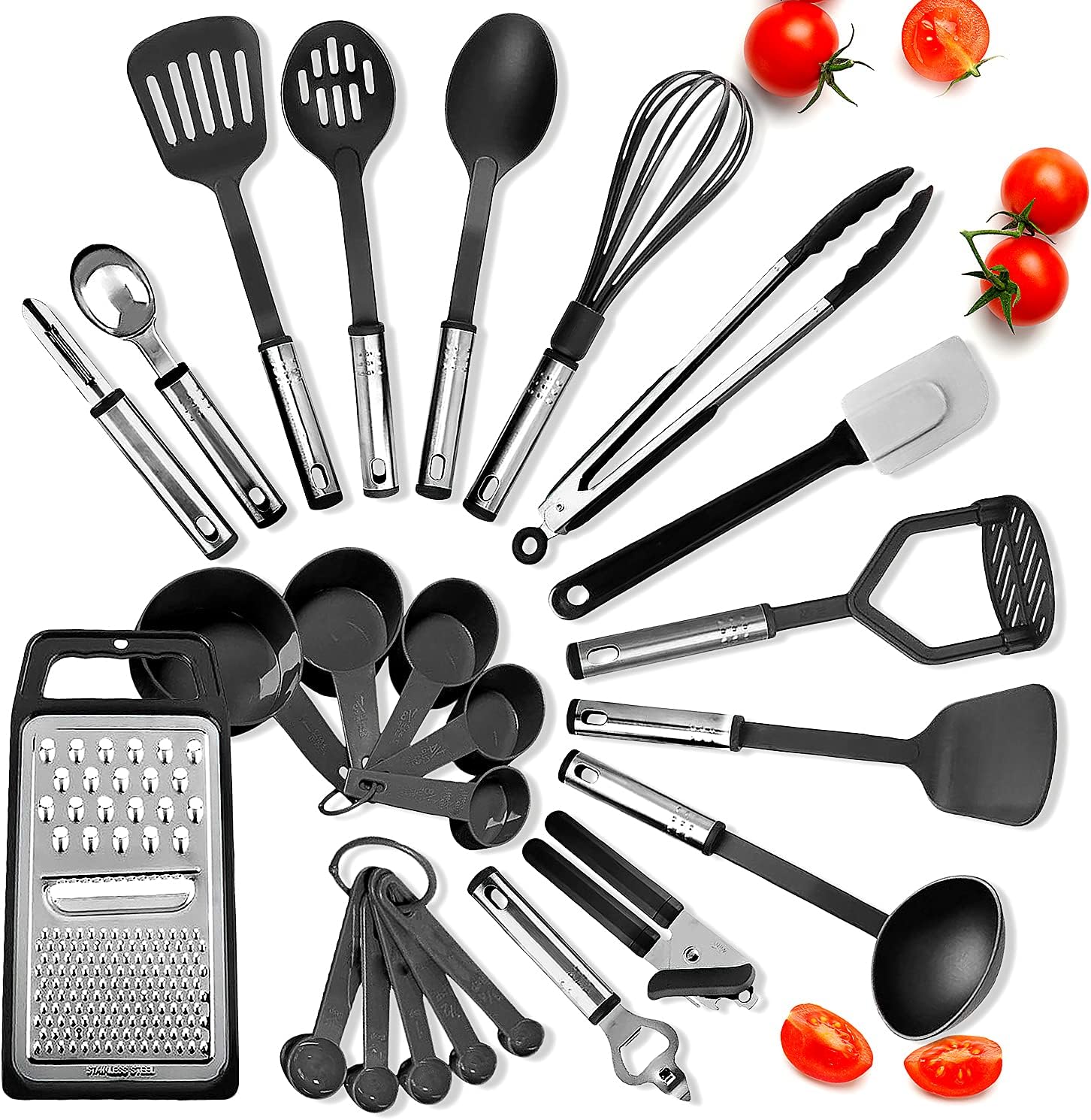 Kitchen Utensils Set – 24 PCS Nylon Cooking Utensils Set, Kitchen Spatula Set with Stainless Steel Handles – Heat Resistant Non-Stick Kitchen Tools – Black Kitchen Utensil Set
