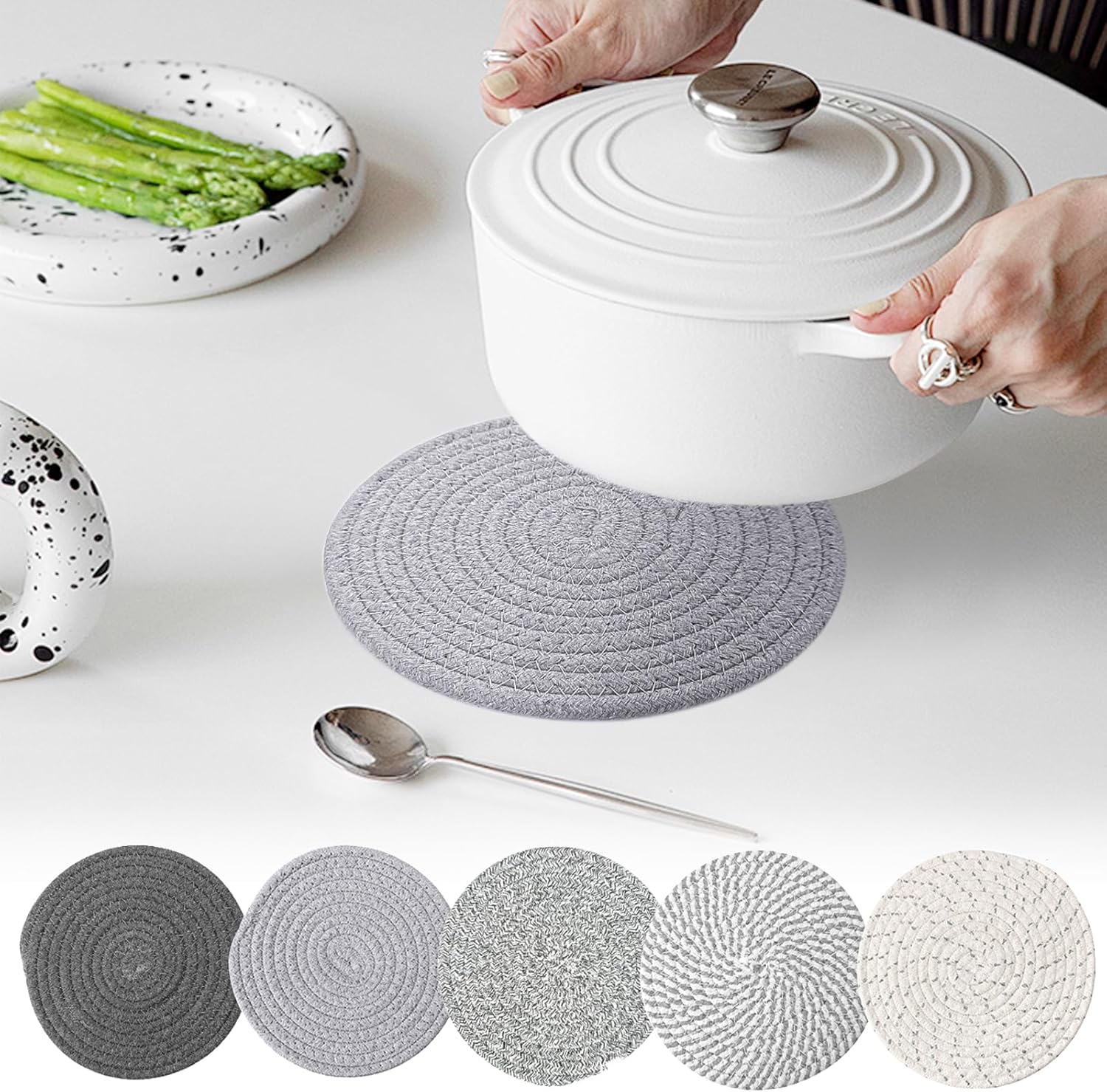 Mats Set for Hot Dishes, 5 Heat Resistant Pot Holders for Kitchen, Home Essentials, Anti Stain Hot Pads for Hot pots and Pans, Fall Decorations for Home, 7 Inches(Dark Gray)