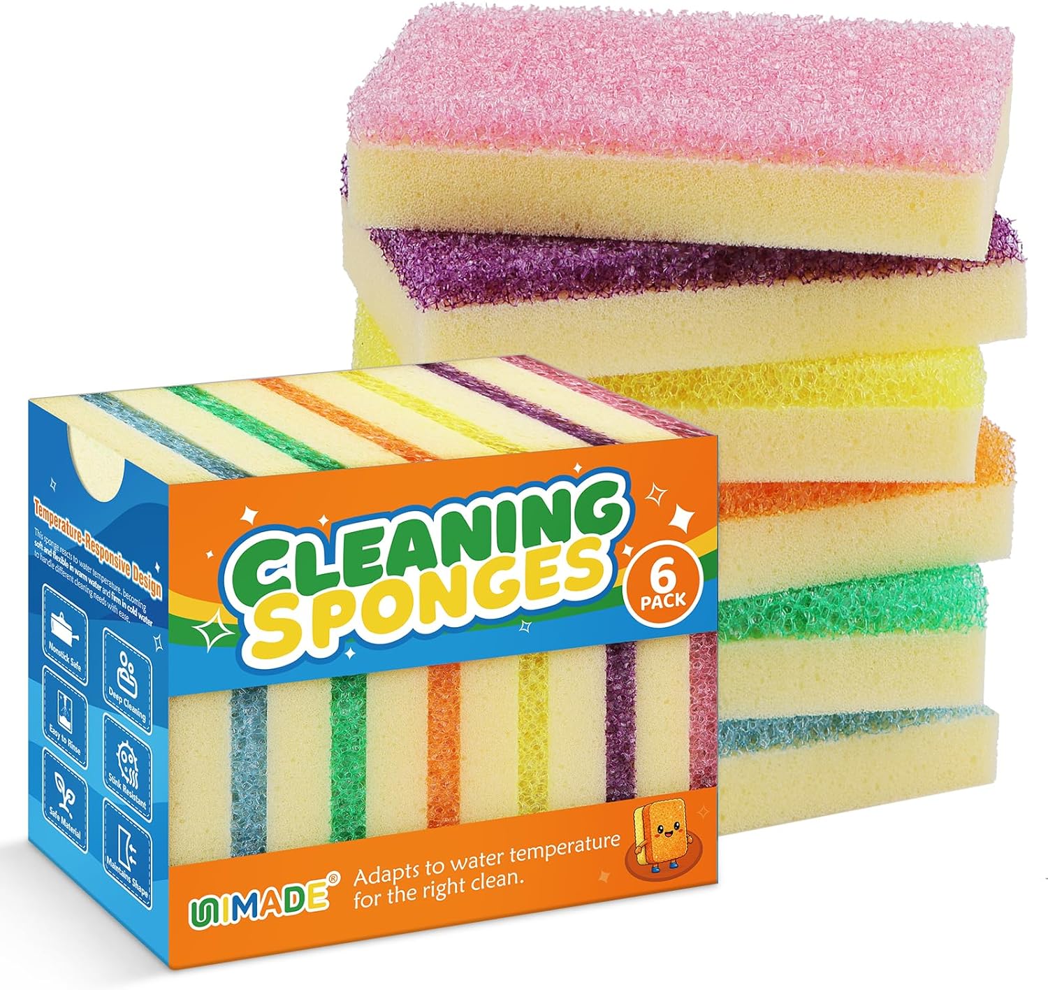 UNIMADE Scrub Sponge, Temperature Responsive Dual-Sided Cleaning Sponges, Non-Scratch Dish Sponge for Kitchen, Soft in Warm Water & Firm in Cold, 6 Pack
