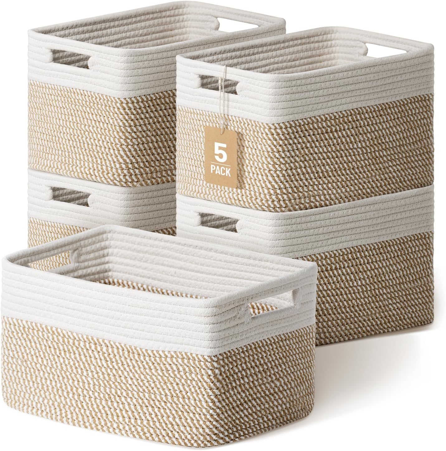 5 Pack Woven Storage Baskets for Shelves, Decorative Basket Organizer Storage Bins for Toys, Books, Clothes, Closet, Nursery, Bathroom – Cotton Rope Shelf Baskets for Organizing, Khaki & White