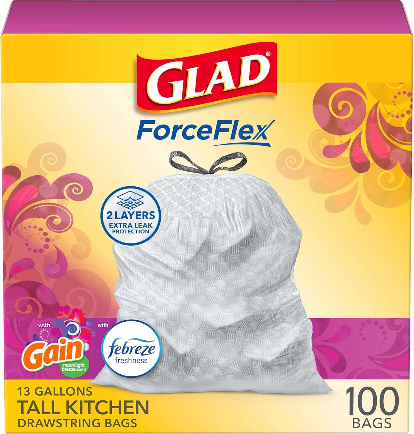 Glad ForceFlex Tall Kitchen Trash Bags, 13 Gal, Gain Moonlight Breeze, 100 Ct (Package May Vary)