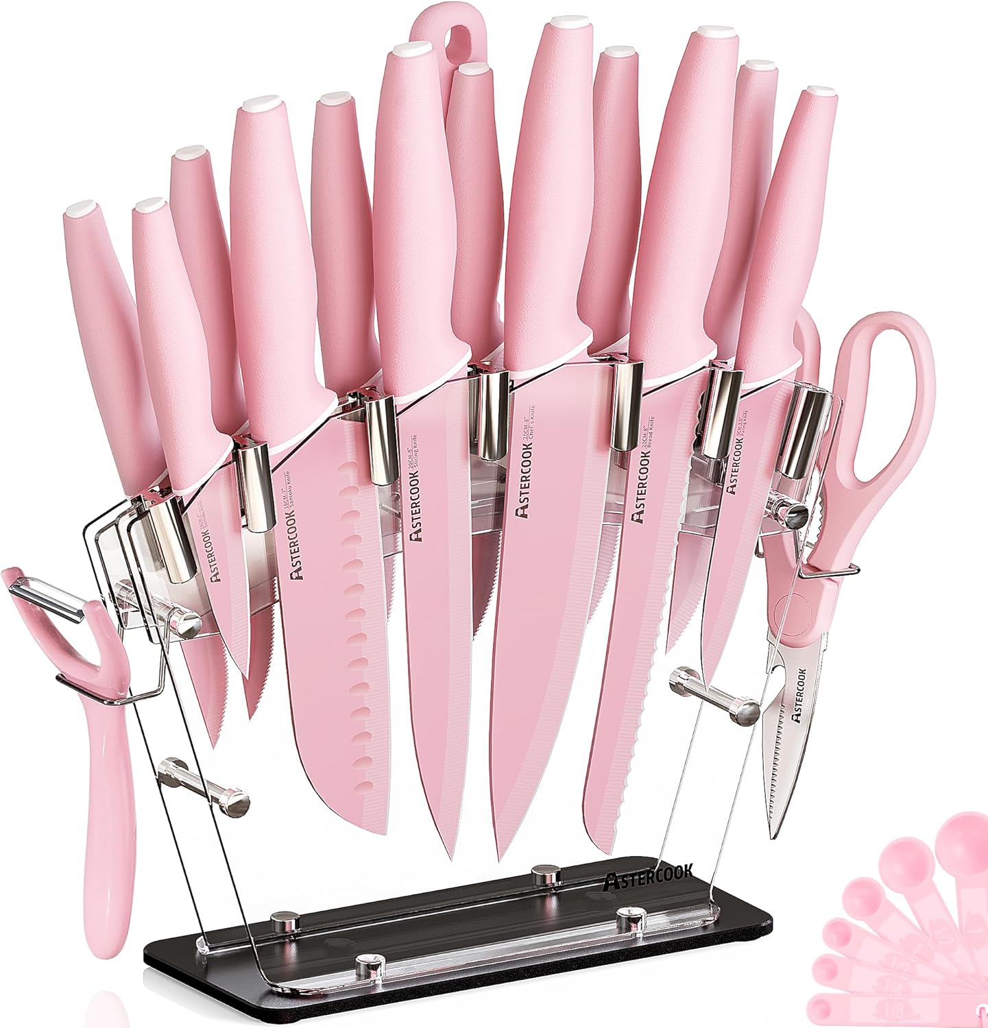 Astercook Knife Set with Block and Sharpener, 22 Piece Kitchen Knife Set Dishwasher Safe, Space-Saving Clear Knife Block with Knives for Everyday Home Cooking Pink