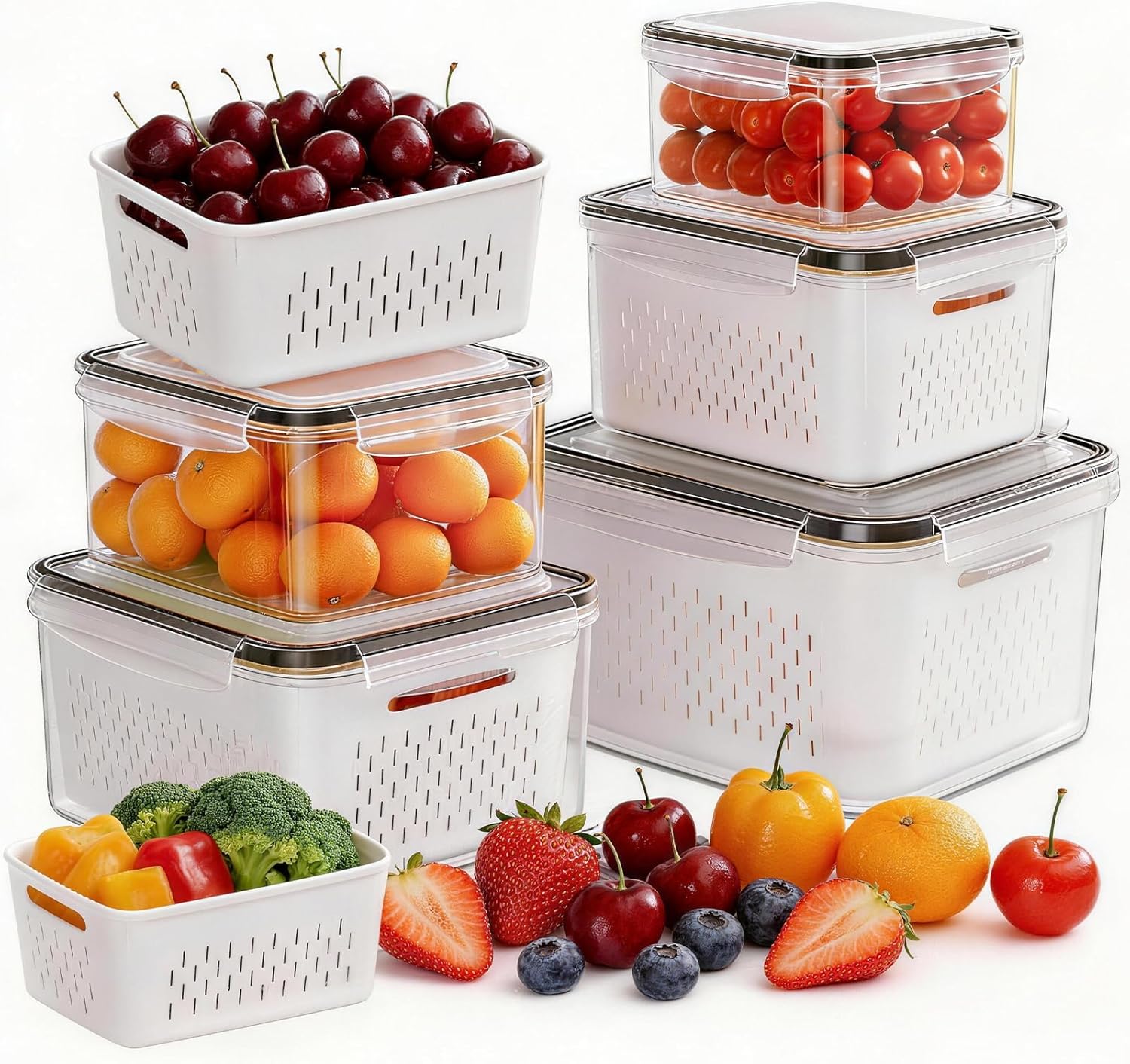 HOMETALL 5 Pack Fruit Storage Containers for Fridge, Plastic Fruit Containers for Fridge with Removable Colanders, Leakproof Fridge Organizers and Storage for Berry Vegetable Salad Lettuce Meat Food