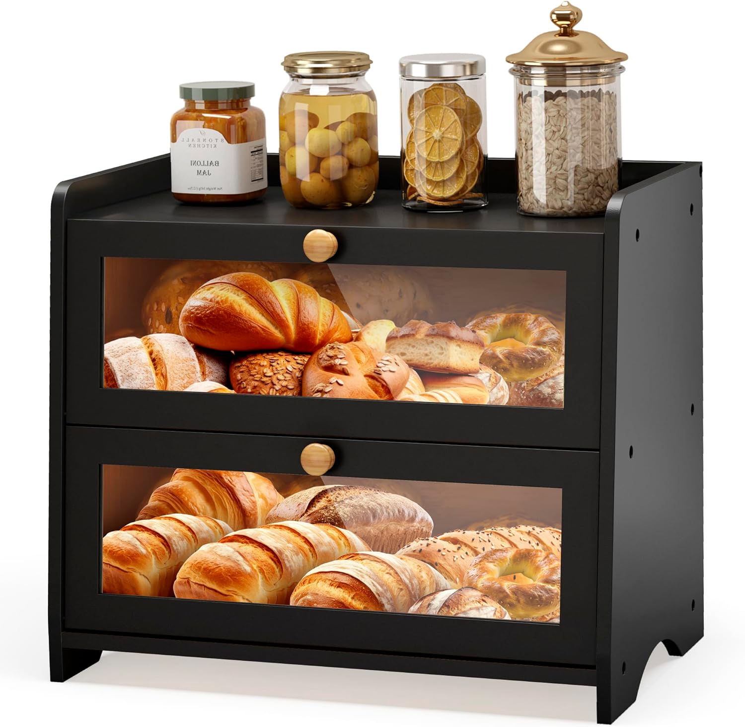 JANSNIMEN Double Layer Bread Box for Kitchen Countertop, Large Breadbox Bread Container Storage with Acrylic Door, Wooden Farmhouse Bread Holder (Black, Medim-15.7″ L x 9.5″ W x 13″ H)