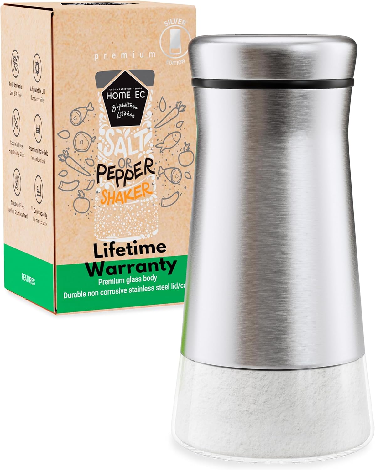 HOME EC Original Glass Salt shaker or Pepper Shaker with Adjustable Pour Holes – Stainless Steel Encased – For salts, ground peppercorns and spices – Great For Farmhouse or RV Camping