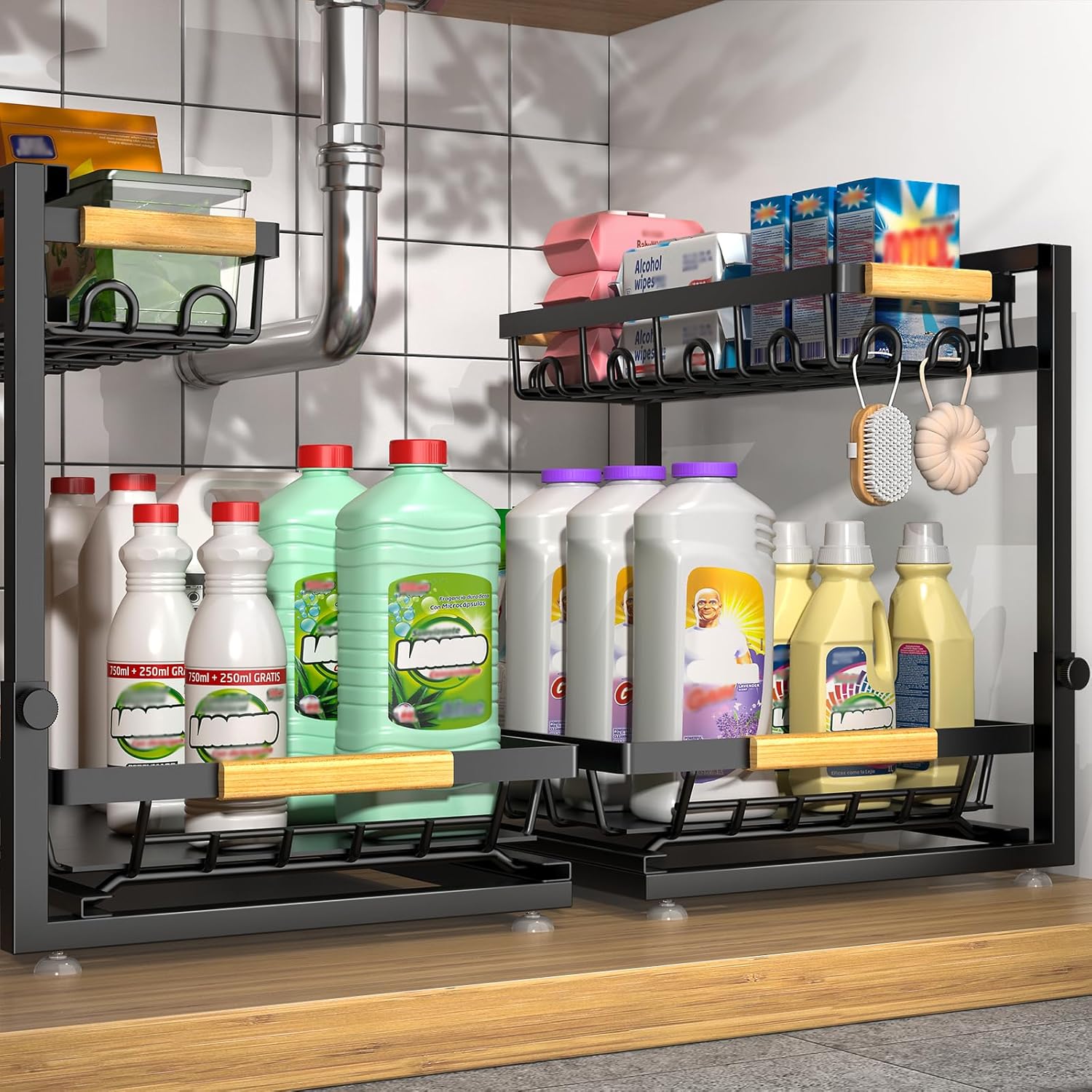 Sevenblue 2 Packs Under Sink Organizer, Height Adjustable 2 Tier Under Kitchen Sink Organizer, Multi-Purpose Storage Shelf for Kitchen Bathroom Cabinet (Black, Large)