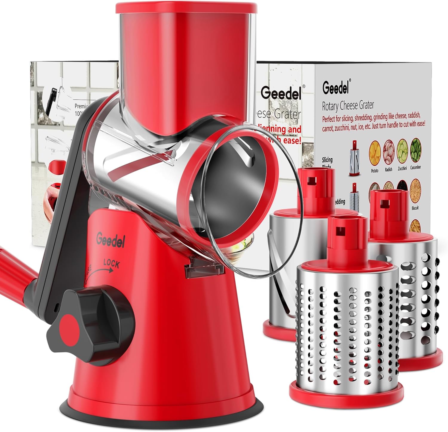 Geedel Rotary Cheese Grater, Kitchen Mandoline Vegetable Slicer with 3 Interchangeable Blades, Easy to Clean Grater for Fruit, Vegetables, Nuts