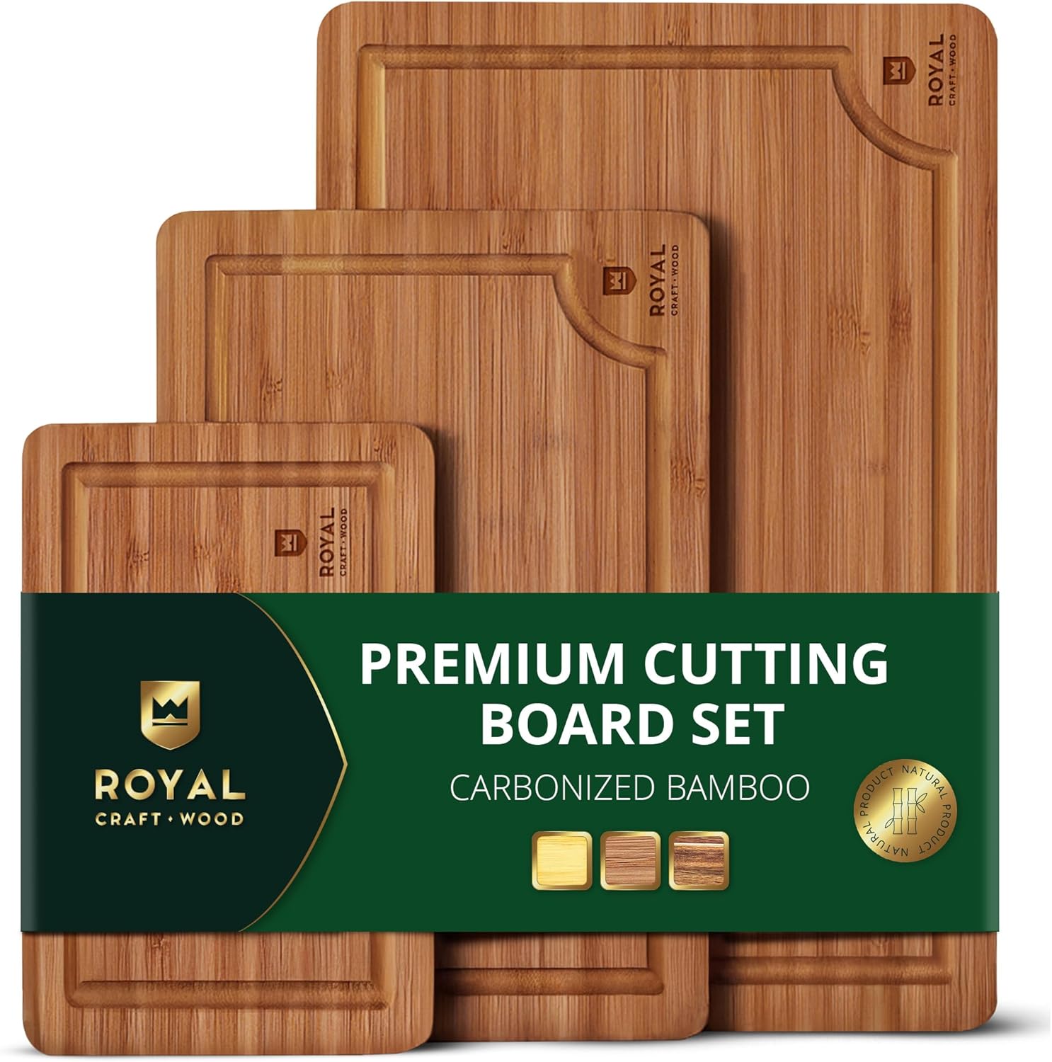 ROYAL CRAFT WOOD Wooden Cutting Boards for Kitchen Meal Prep & Serving – Bamboo Wood Serving Board Set with Deep Juice Groove Side Handles – Charcuterie & Chopping Butcher Block for Meat
