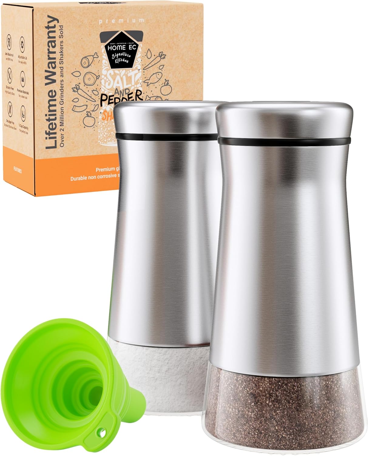 HOME EC Original Salt and Pepper Shakers Set with Adjustable Pour Holes – Glass and Stainless Steel Salt Shaker and Pepper Shaker – Farmhouse Spice dispenser for salts, ground peppercorn and spices