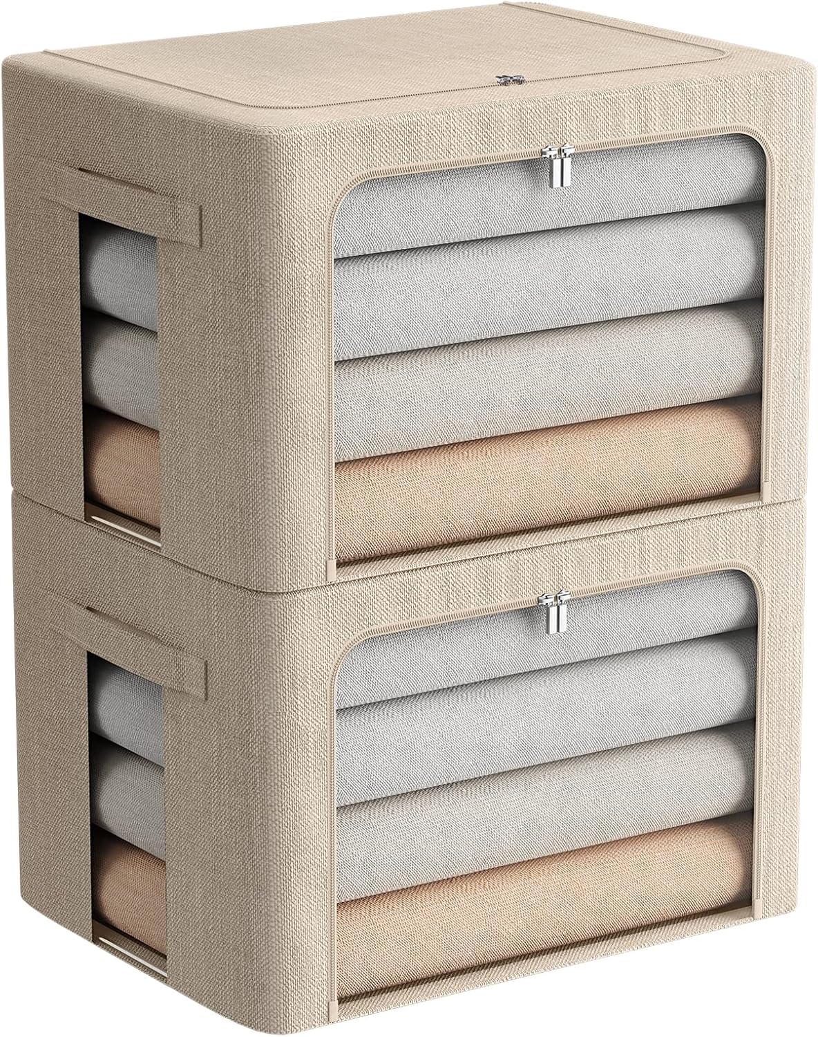 FHSQX 2 Pack Clear Window Storage Bins – Large Stackable Linen Fabric Storage for Clothes Foldable Container Organizer Set with Carrying Handles (Beige, 19.7x 15.7x 12.6 Inch)