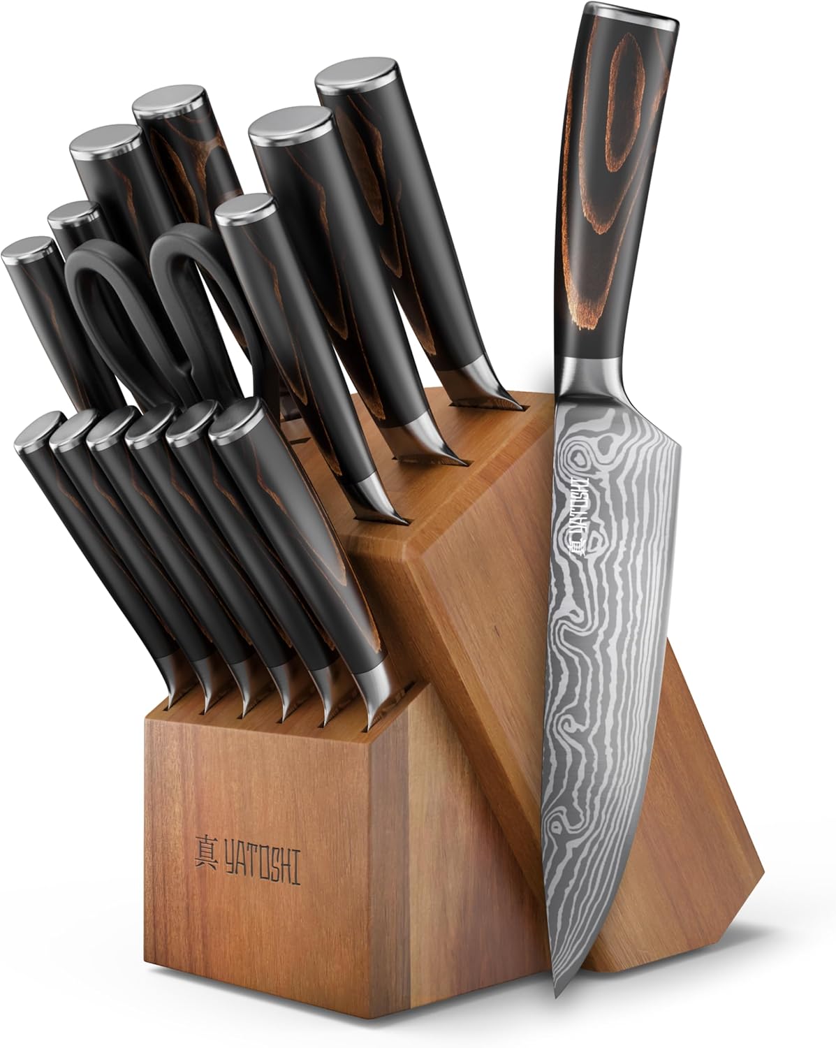 Yatoshi Professional Kitchen Knife Set, 15 Pieces, High Carbon Stainless Steel, Ergonomic Handle