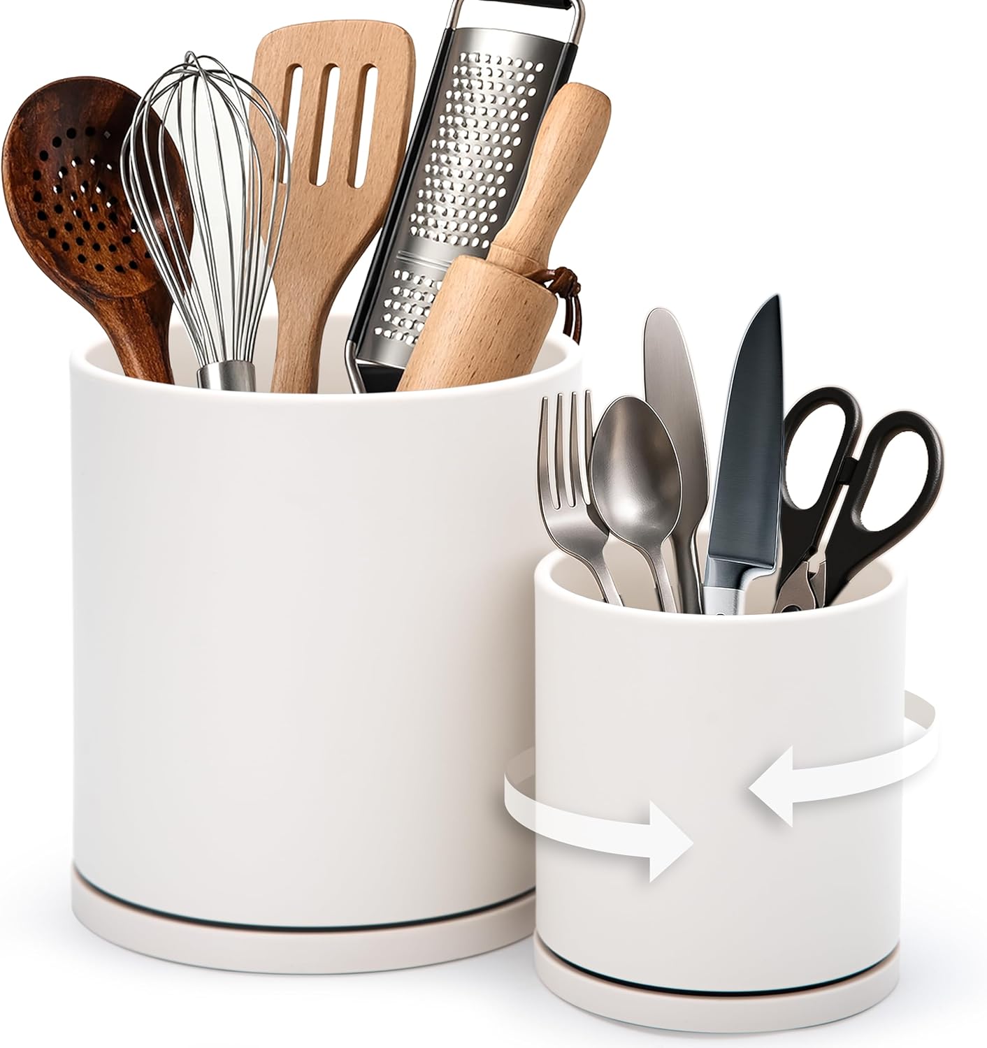 D’vine Dev 360° Rotating Utensil Holder Set – 7.2″+5″ Kitchen Utensil Crocks for Countertop, Modern Cooking Tool Organizers for Kitchen Storage +Décor, Oatmeal, Set of 2, 72-Z-D-1