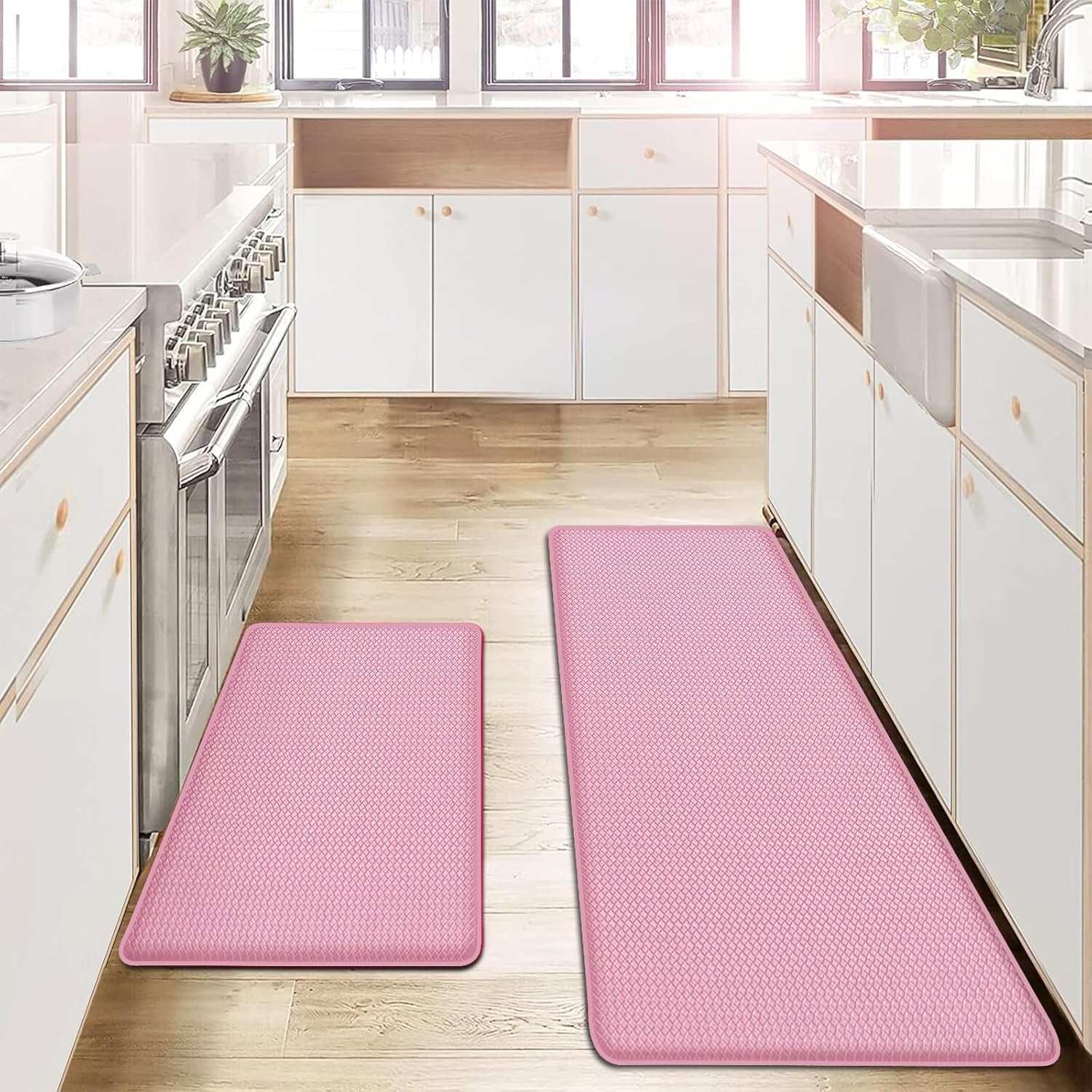 AUTODECO Kitchen Mats and Rugs Set of 2 – Cushioned Anti-Fatigue Kitchen Rug for Floor Washable 17″x29″ +17″x59″, PinkRed