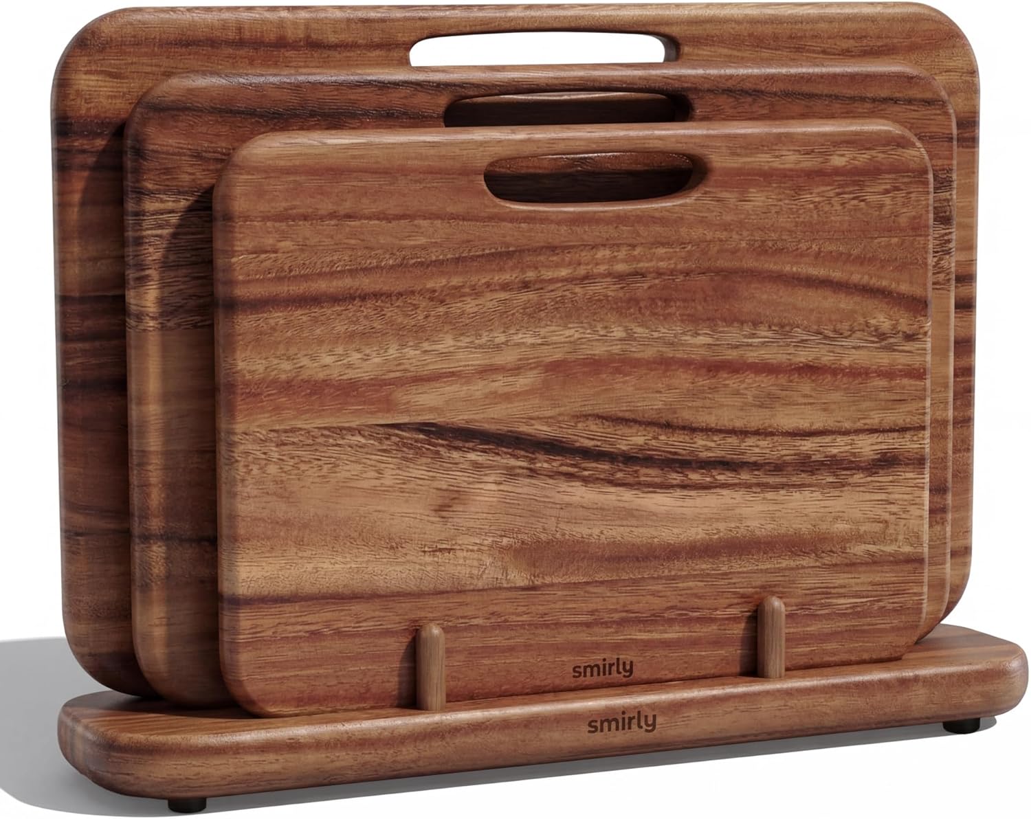 SMIRLY Wooden Cutting Boards for Kitchen, Double-Sided Cutting Board with Handle, Heavy Duty Solid Walnut Wood Cutting Board Set with Stand, 3 Pcs Cutting Boards Non Toxic for Meat Vegetable Fruit
