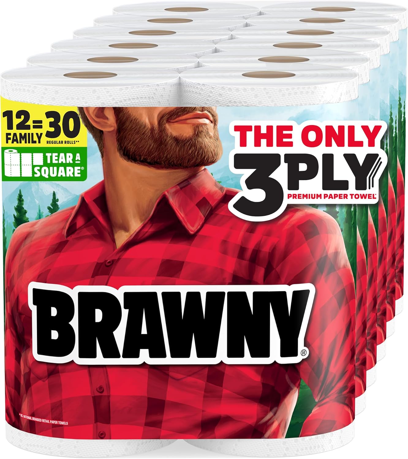 Brawny Tear-A-Square 3-Ply Paper Towels, 12 XL Family Rolls = 30 Regular Rolls, Strong, Absorbent, and Durable with 3 Sheet Sizes (Quarter, Half, Full)