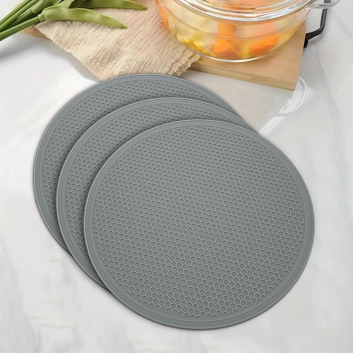 3 Pack Trivets – Hot Pads for Kitchen Essentials Set, Silicone Pot Holders for Hot Pans, Desktop Mats for Kitchen Countertops, Flexible Easy to Wash and Dry – Grey