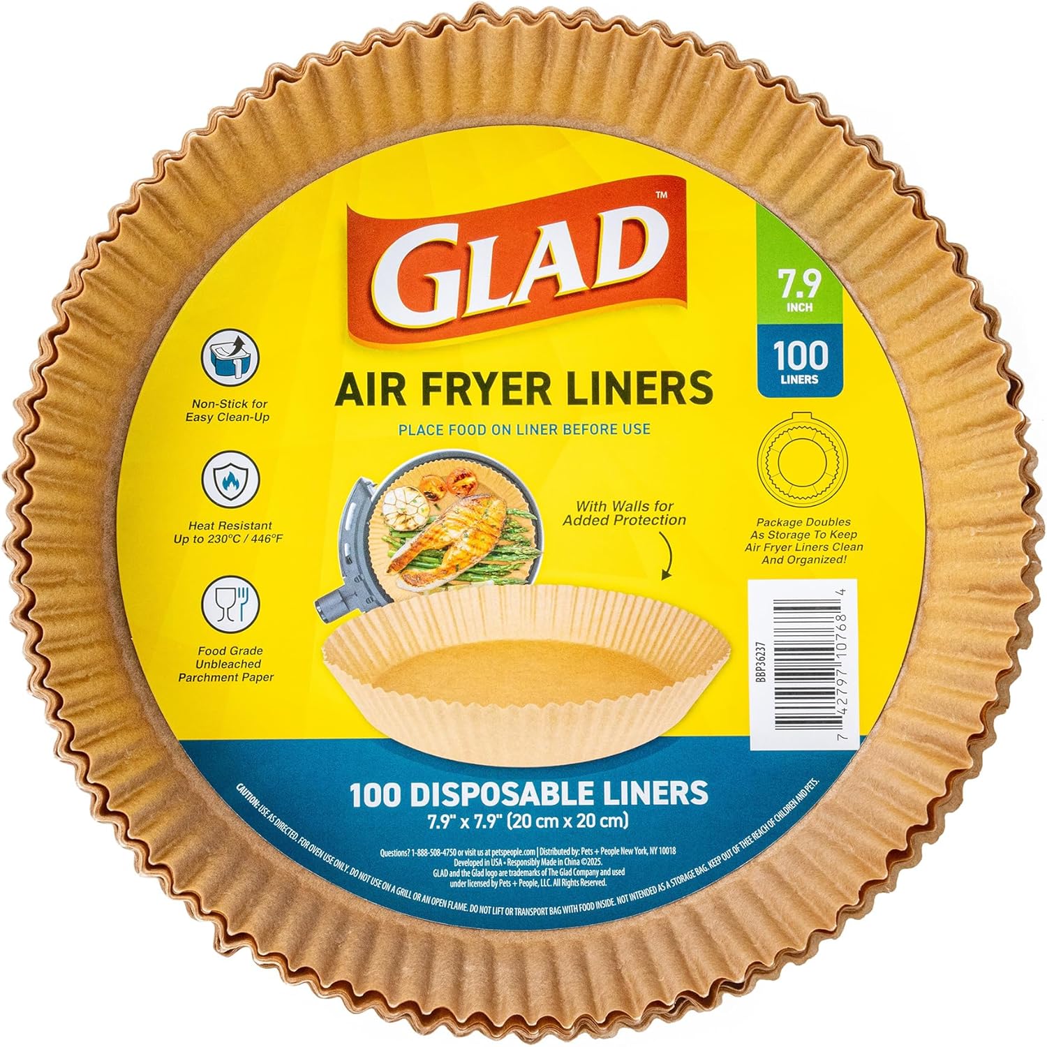 Glad Air Fryer Liners with Walls, Nonstick and Heat Resistant, Food Grade Material, Suitable for Round Air Fryers, Air Fryer Accessories, 7.9″ – 100 Count