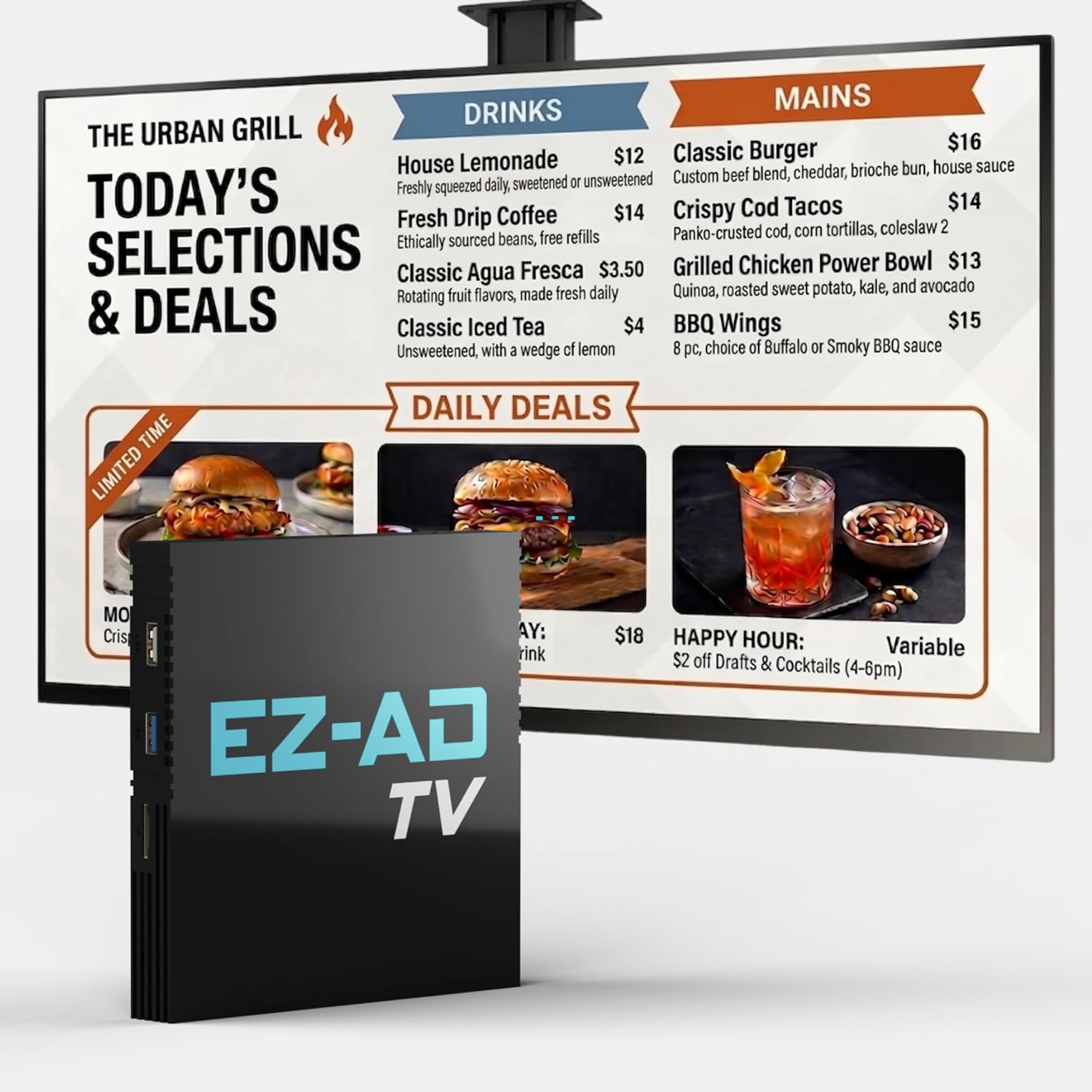 EZ AD TV Digital Signage Player – Signage For Business & Electronic Menu Board- Auto-Post Content On Digital Display Board, Cloud Controlled 4K Media Player + Mobile App W Free AI Designer & Templates