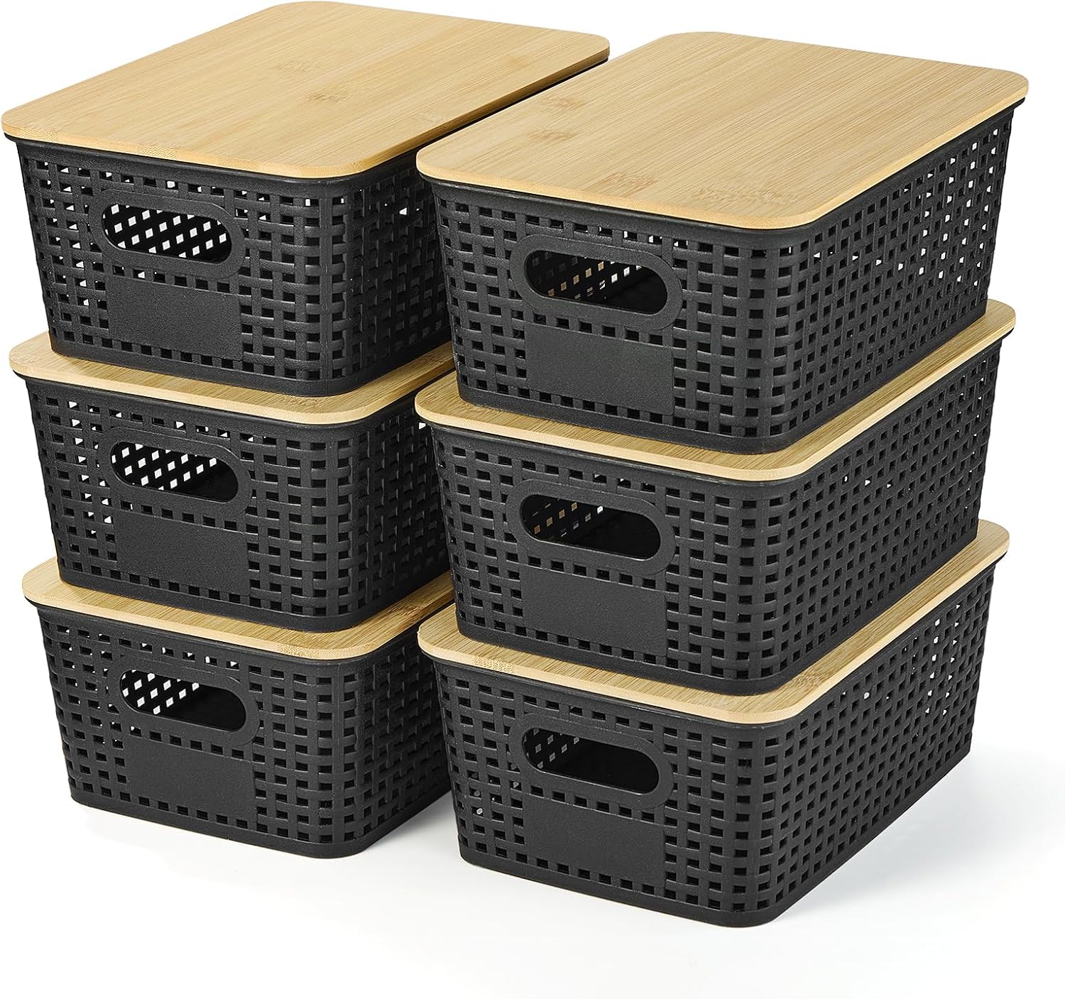 Ohmlove Plastic Storage Baskets With Bamboo Lid – Plastic Storage Containers Stackable Storage bins: Storage Baskets for Organizing Shelves Drawers Desktop Closet Playroom Classroom Office, 6 Pack