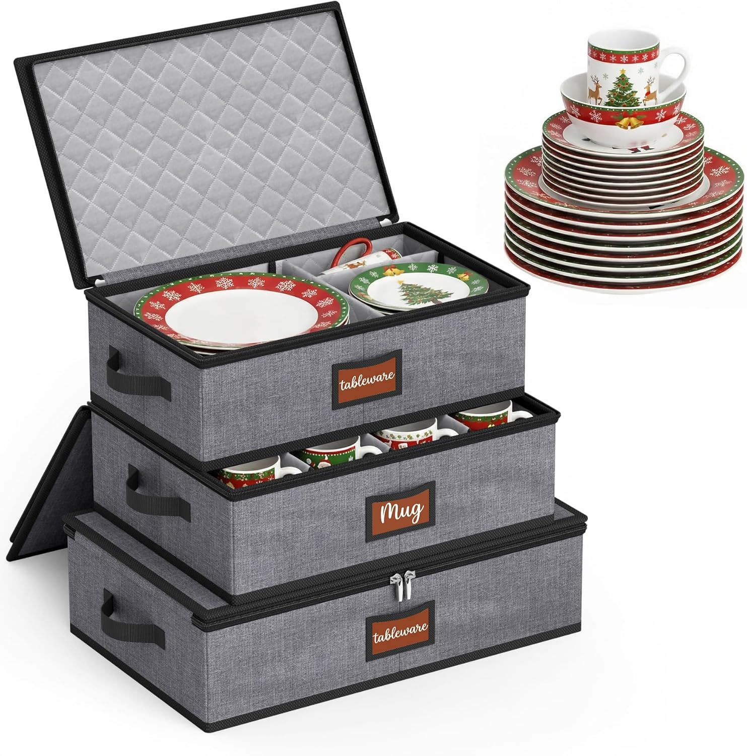 MISSLO Large Capacity China Storage Containers Hard Shell Plate Storage Containers, Kitchen Packing Moving Boxes for Dishes, Dinnerwares, Mugs Protectors, Grey, 3 Piece Set