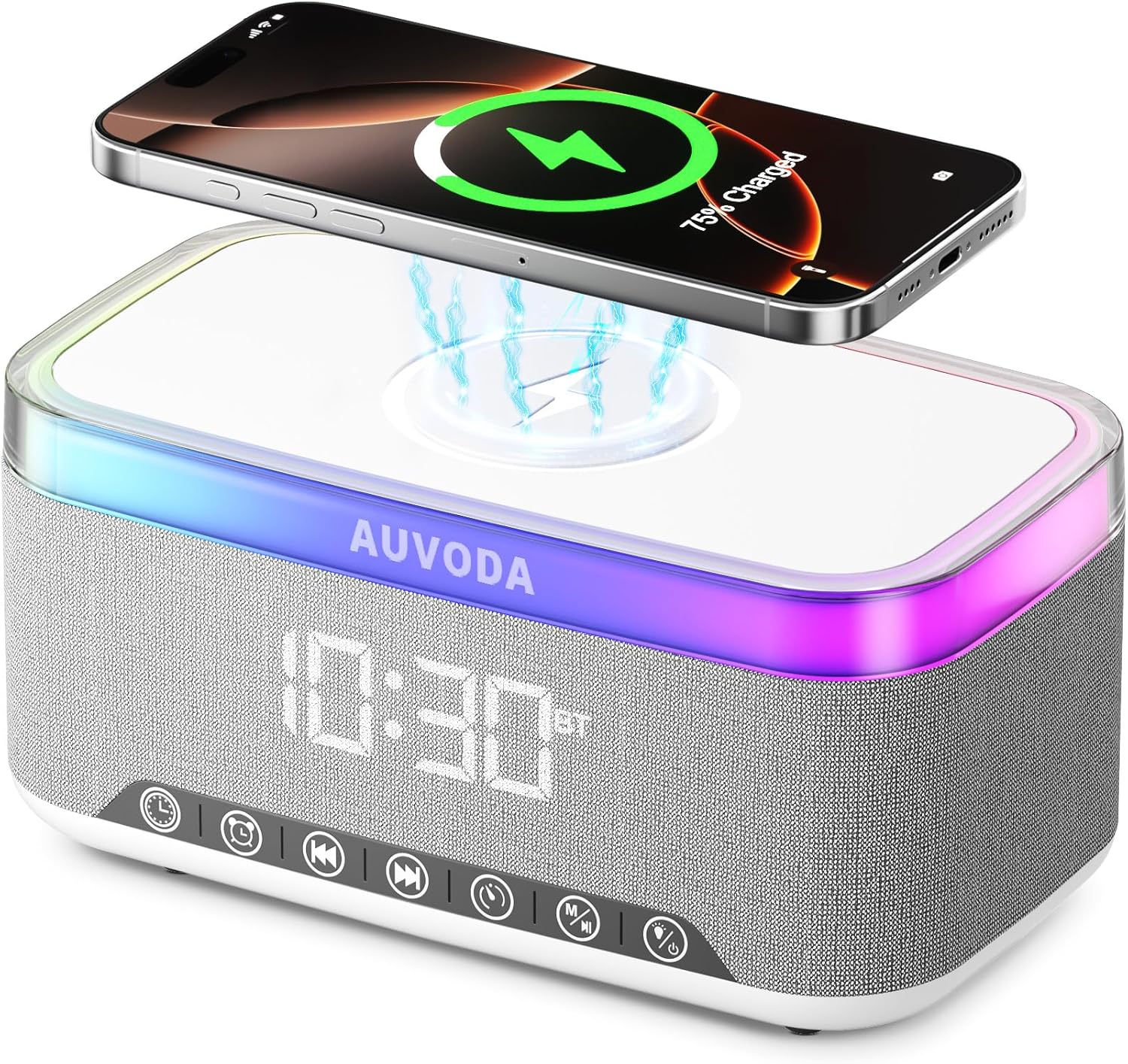 S300 Bluetooth Speaker, Wireless Speaker with 15W Wireless Charging, 13-Color Night Light, Alarm, White Noise, Radio, 10W Stereo, TWS, BT5.3, Portable Speaker for Home Office Bedroom, White
