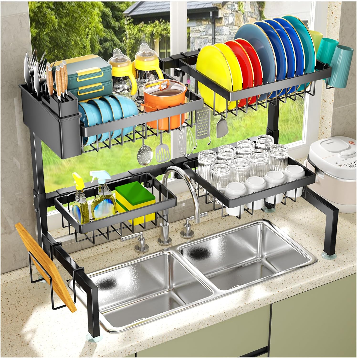 YKLSLH 4 Baskets Over The Sink Dish Drying Rack, Extendable Large Capacity Sink Rack, Metal Drying Rack Saving Space,for Most Sinks (26.57″-35″)