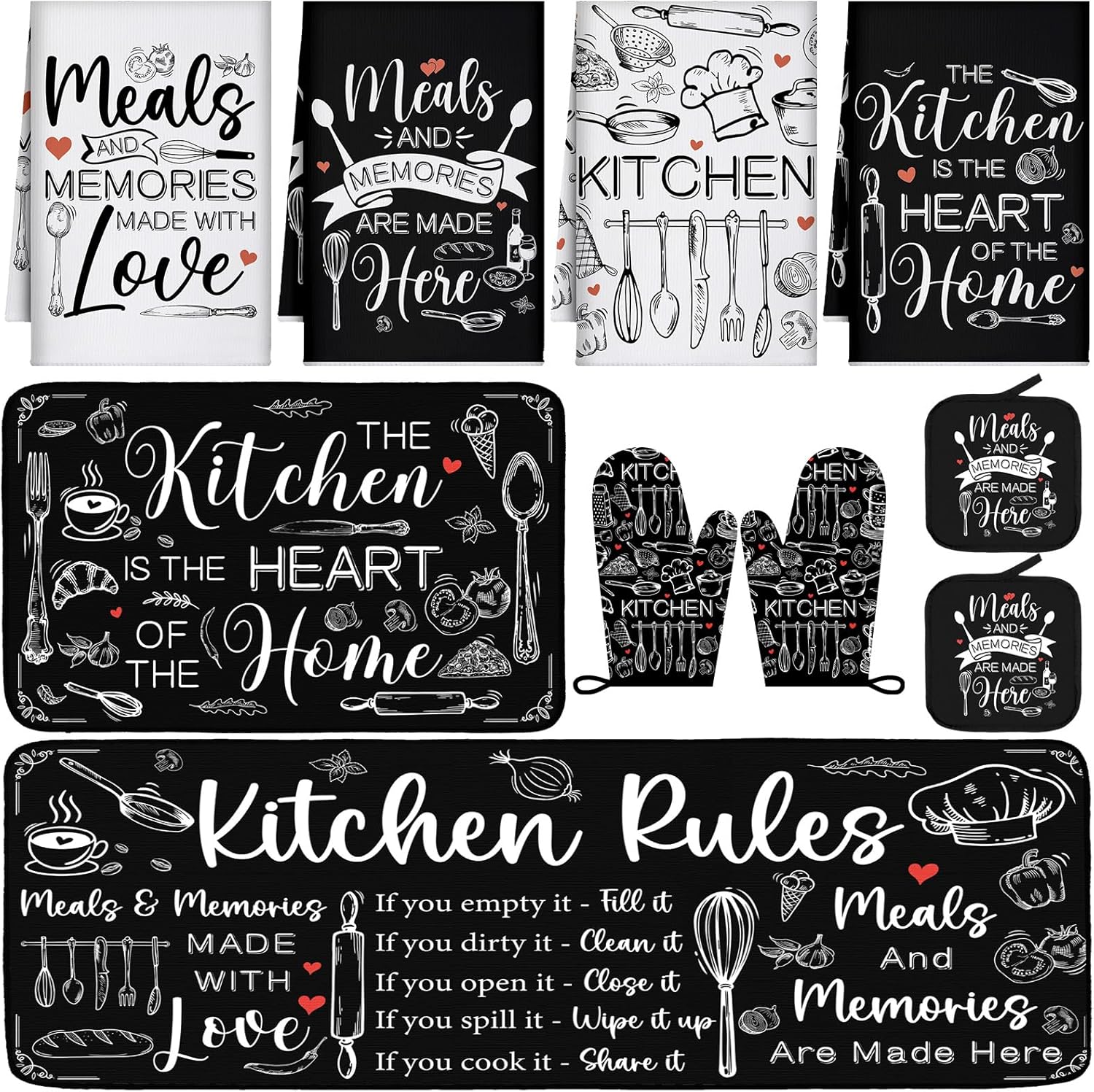 Fourluoo 10 Pcs Farmhouse Kitchen Decor Oven Mitts and Pot Holders Sets Kitchen Dish Towels Black and White Rustic Pattern Oven Gloves for Home Decorations Baking Cooking Christmas Valentines Gifts