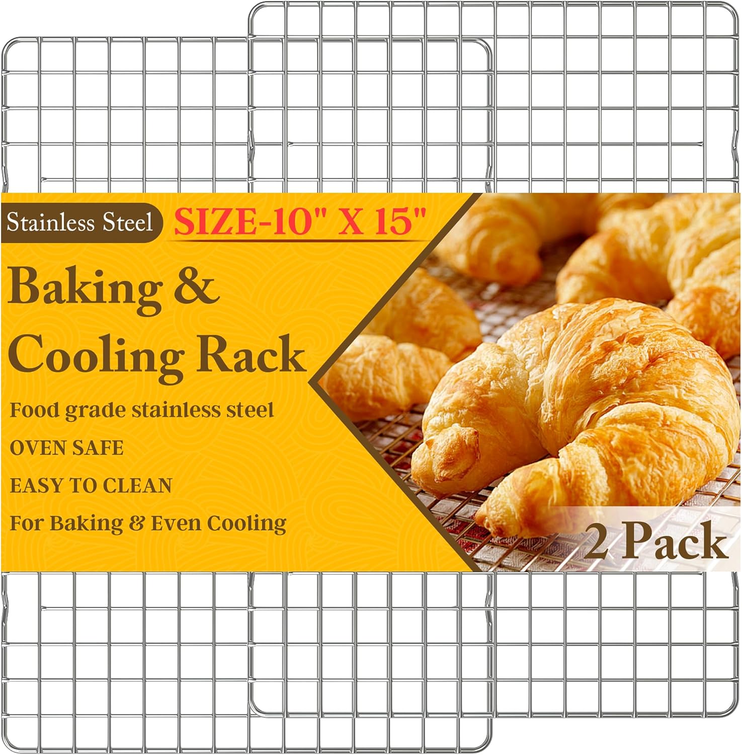 2PCS Cooling Racks for Cooking and Baking – 10″ x 15″Heavy Duty Stainless Steel Wire Rack for Baking, Grilling, Roasting – Oven & Dishwasher Safe – Fits Jelly Roll Sheet Pan-Silver