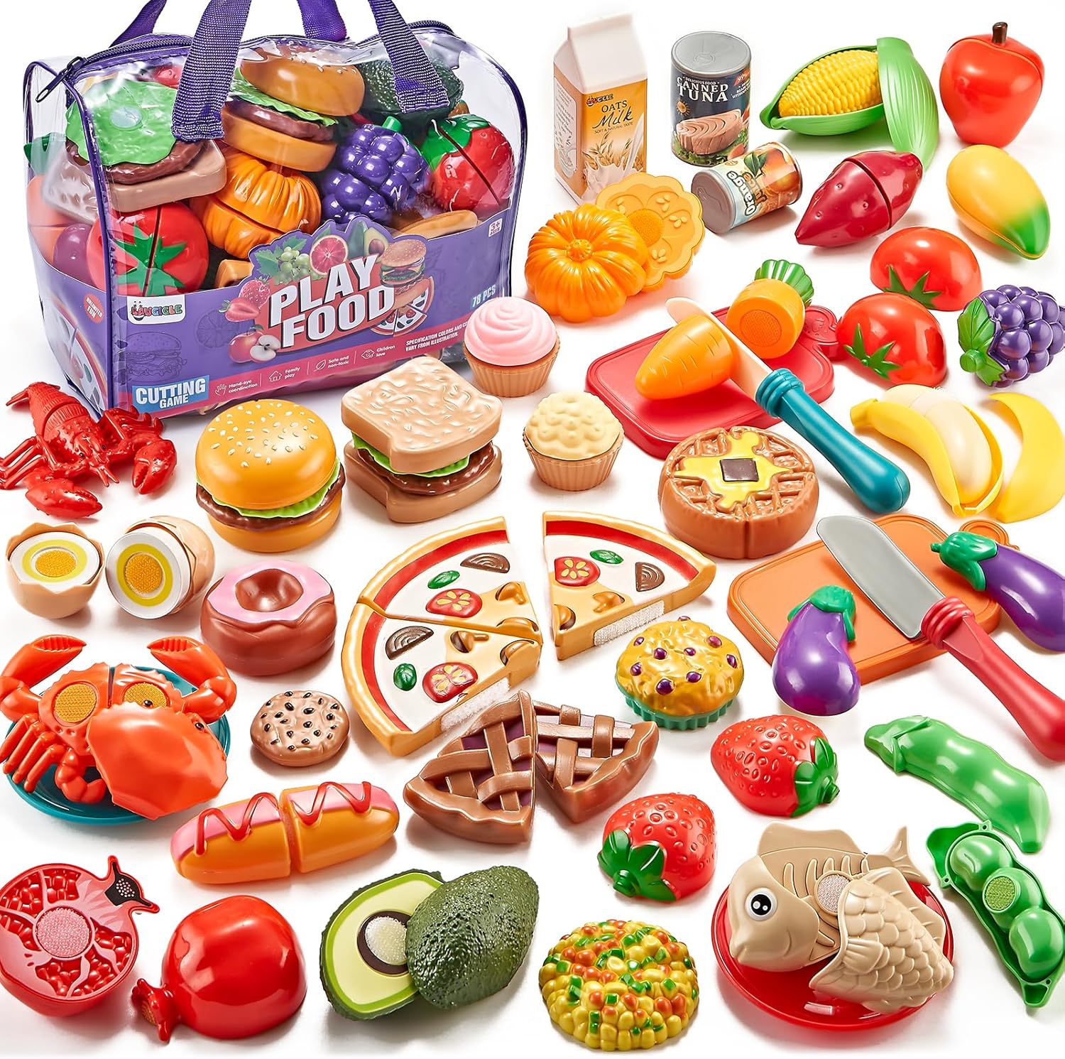 LAUGIGLE Pretend Play Food for Kids Kitchen, 78Pc Cutting Toy Food with Storage Bag