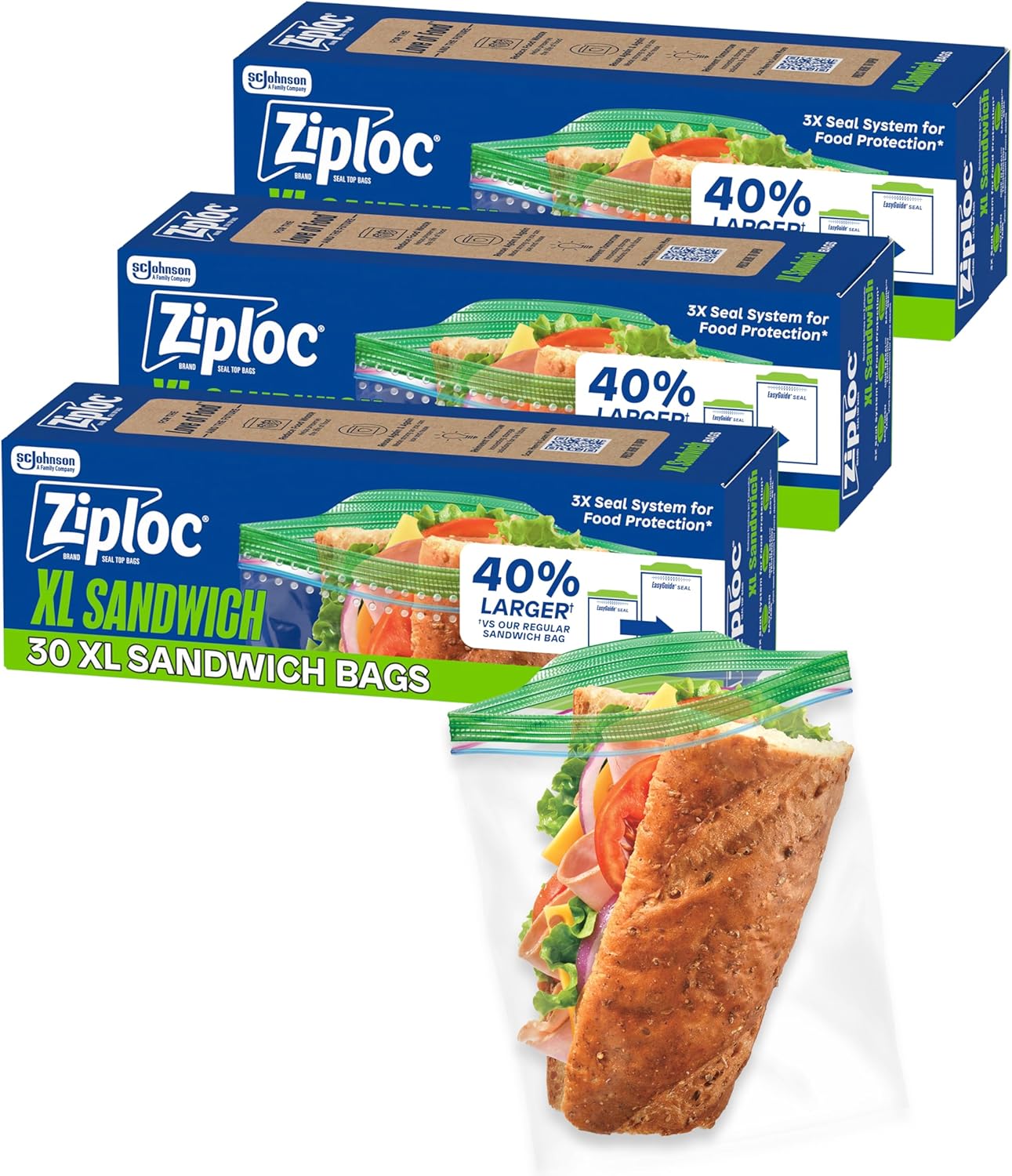 Ziploc XL Sandwich and Snack Bags with EasyGuide Texture, Plastic Storage Bags with Grip ‘n Seal Technology, 90 Bags Total