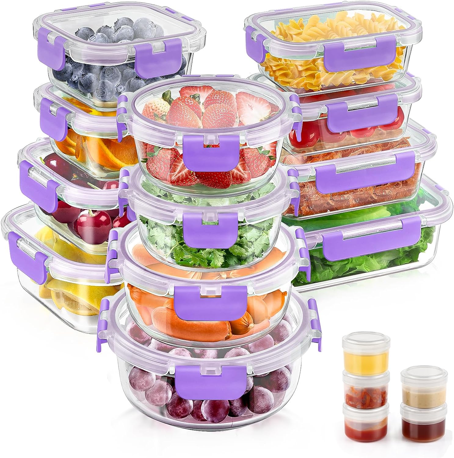 34pcs Glass Food Storage Containers with Lids Set, Airtight Glass Meal Prep Containers (17 Containers & 17 Lids), Leak Proof Lunch Container BPA-Free, Microwave, Oven, Freezer, Dishwasher Safe-Purple