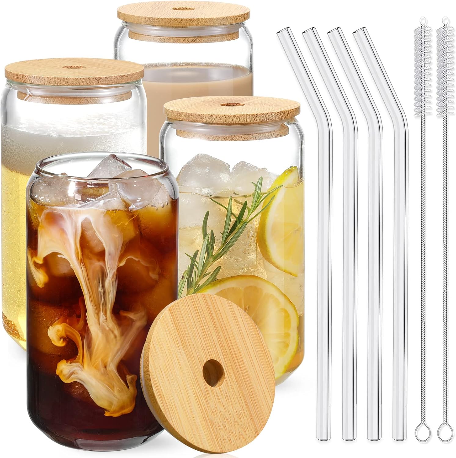 Drinking Glasses with Bamboo Lids and Glass Straw 4pcs Set – 16oz Glass Cups, Iced Coffee Glasses, Cute iced Tea Glasses, Beer Glasses, Ideal for Coffee Bar Accessories, Aesthetic Gift – 2 Brushes