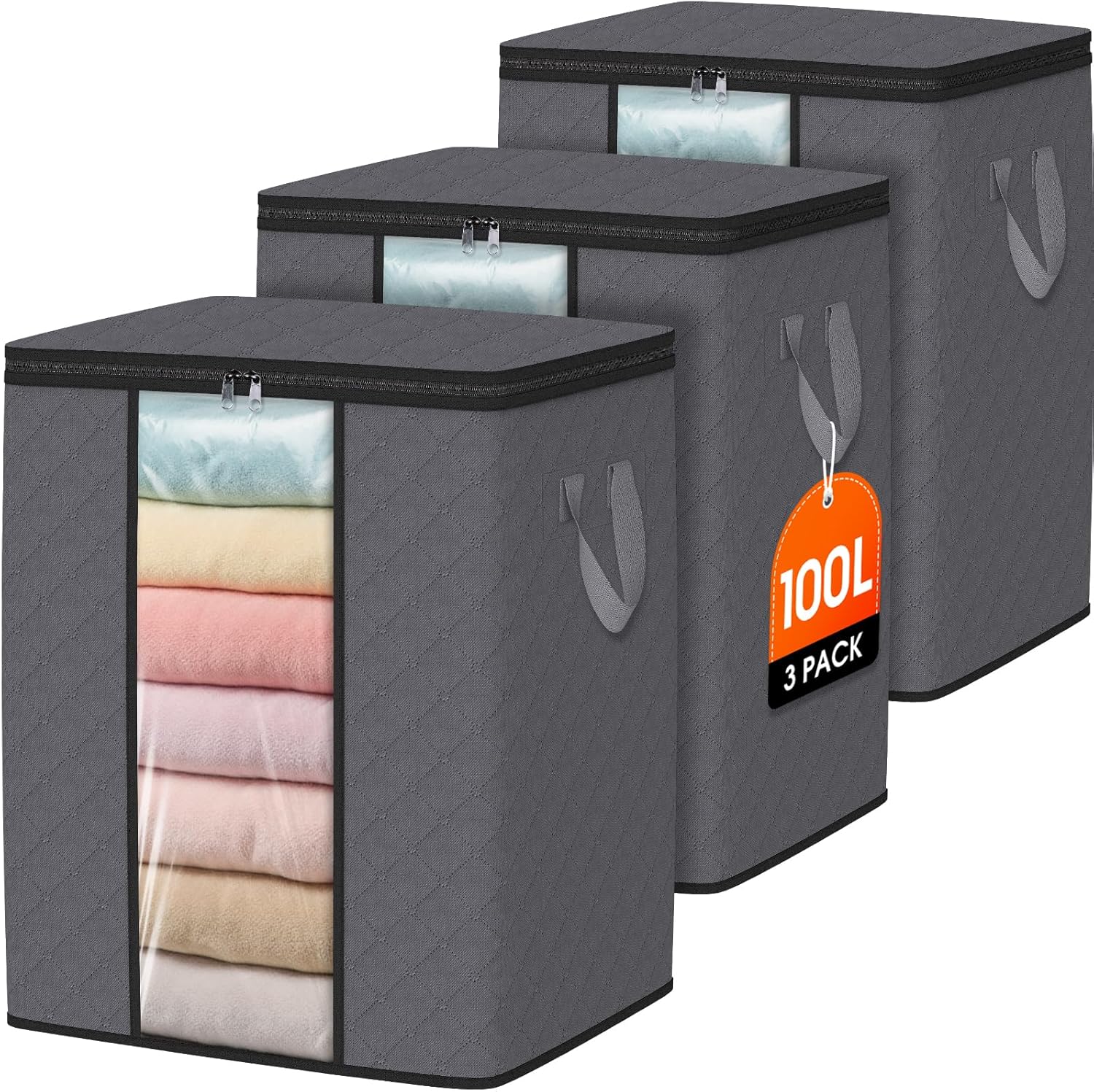 SpaceWhisper 3 Pack 100L Clothes Storage, Foldable Thick Fabric Blanket Storage Bags, Containers for Organizing Bedroom, Closet, Clothing, Comforter,Closet Organization with Handle,Grey