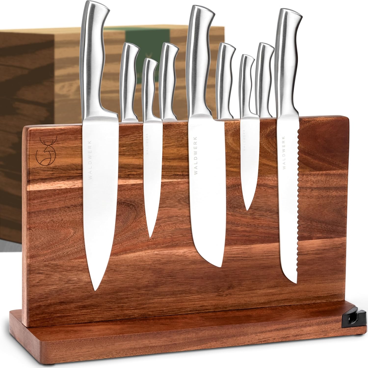 WALDWERK Extra Large Magnetic Knife Holder (16”) – Acacia Wood Knife Block Without Knives – Knife Holder – Magnetic Knife Block – Knife Storage – Knife Magnet Organizer for Countertop