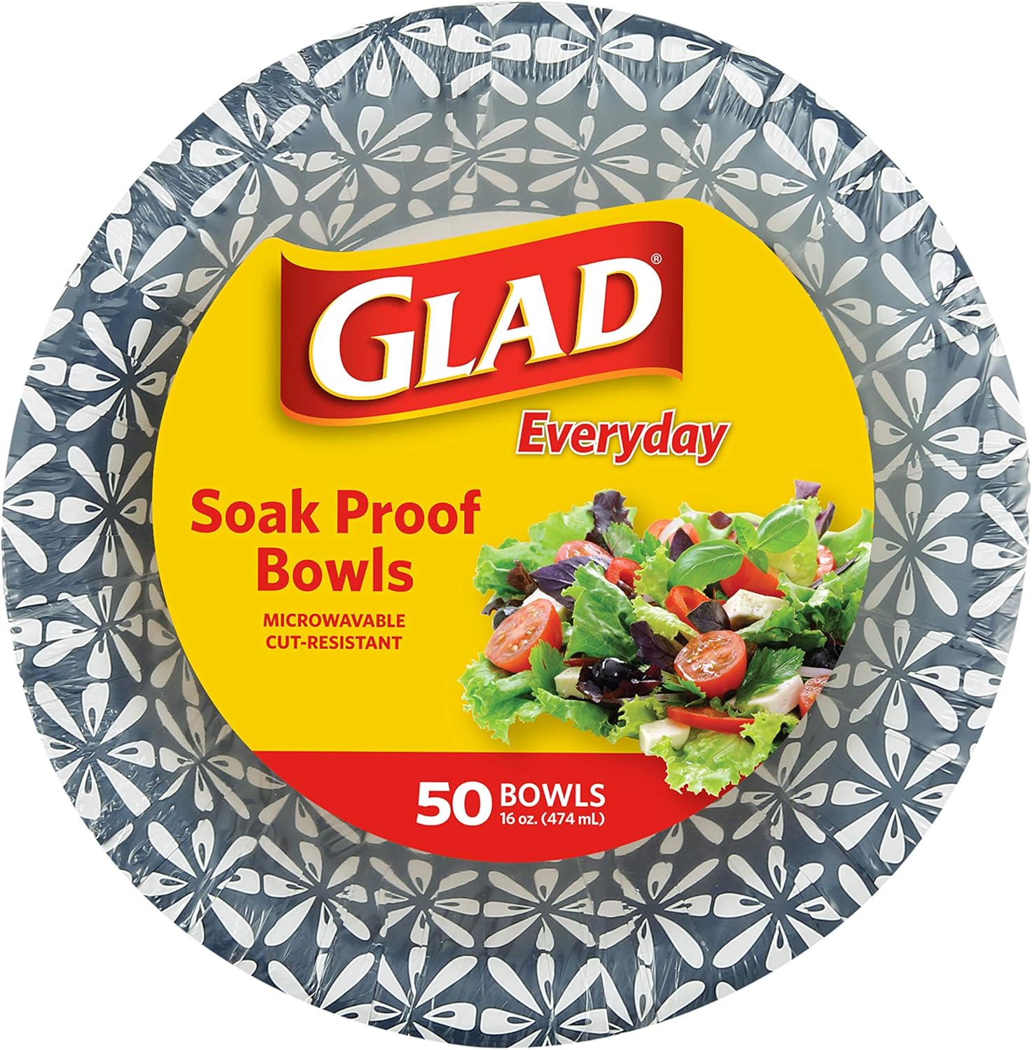 Glad Round Disposable Paper Bowls, Blue Mosaic Design – Heavy Duty, Soak-Proof, Cut-Resistant, Microwavable Paper Bowls for All Foods, Daily Use, and Special Occasions, 16 oz, 50 Count