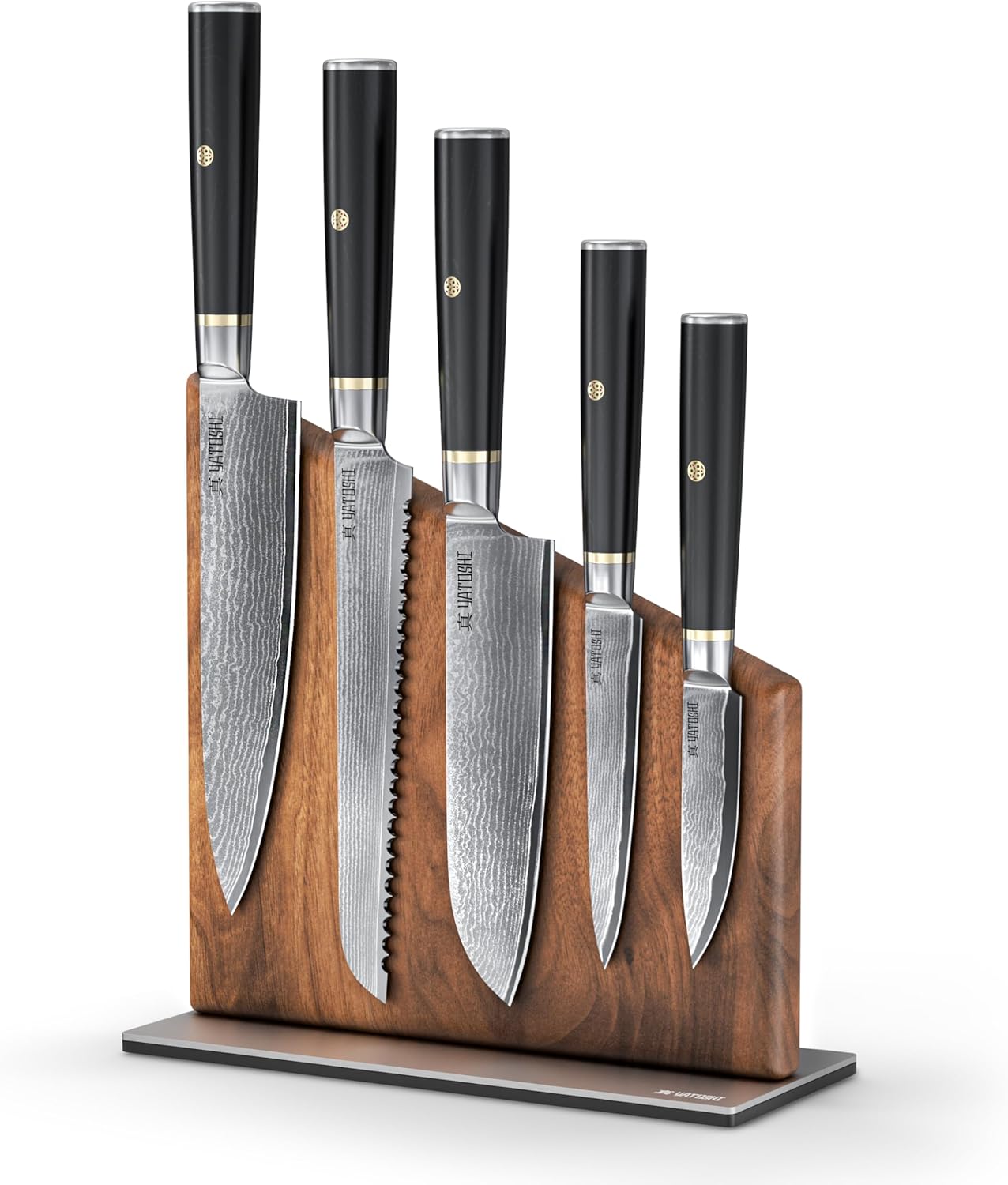 Yatoshi Knives Magnetic Kitchen Knife Block Set – Japanese 67 Layer High-Grade VG-10 Steel Knives, Sharp, G10 Handle Professional Kitchen Knife Set – Black Damascus (6 pieces)