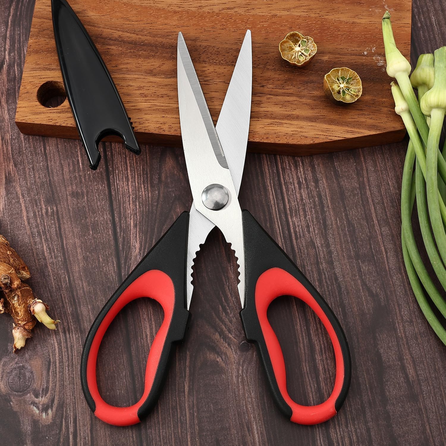 Kitchen Scissors All Purpose Heavy Duty, Kitchen Shears for Food, Cooking Utensils Set Gadgets, Meat Poultry Food Shears Dishwasher Safe Utility Tools Home Gift, with Protective Sheath-Black Red