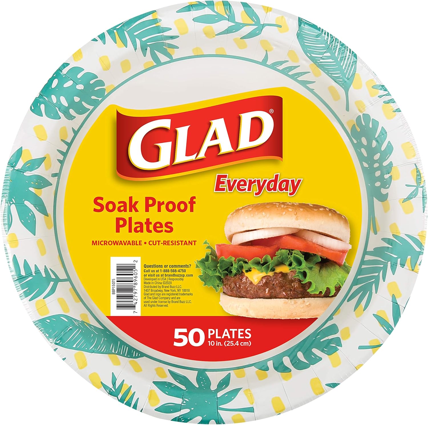 Glad Round Decorative Disposable Paper Plates, Palm Leaves Pattern, Soak Proof, Cut Resistant, Microwave Safe Dinner Plates for Everyday Meals, Parties, and Picnics, 10 Inch, 50 Count