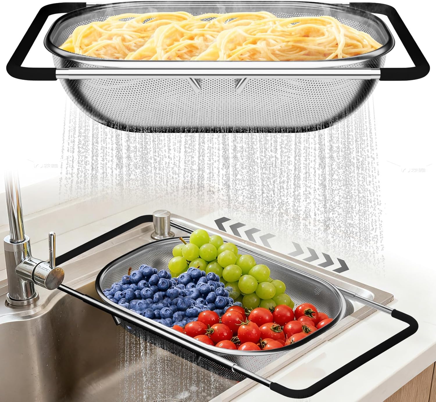 Over the Sink Colander – Strainers and Colanders – Sink Strainer Basket – Expandable Fine Mesh Strainer with Rubber Grip for Veggie, Fruits, Pasta, Home Kitchen Essentials (9.5W x 13.4-21.3L x 3.3H)