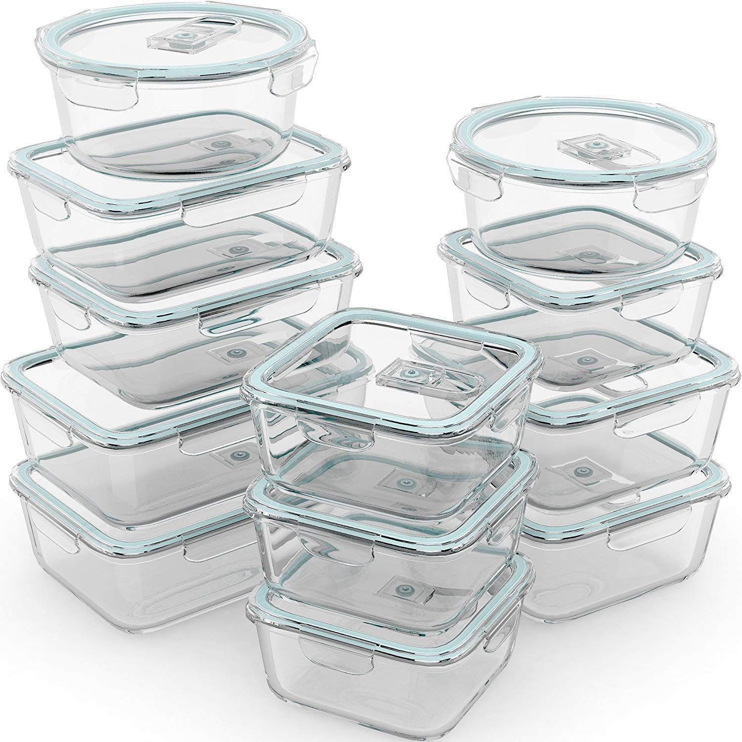 Razab 24 Pc Airtight Glass Food Storage Containers – Glass Meal Prep Containers – Freezer to Oven Safe – Steam Release Valve BPA Free – Airtight Bento Boxes – Leak Proof (12 lids & 12 Containers)