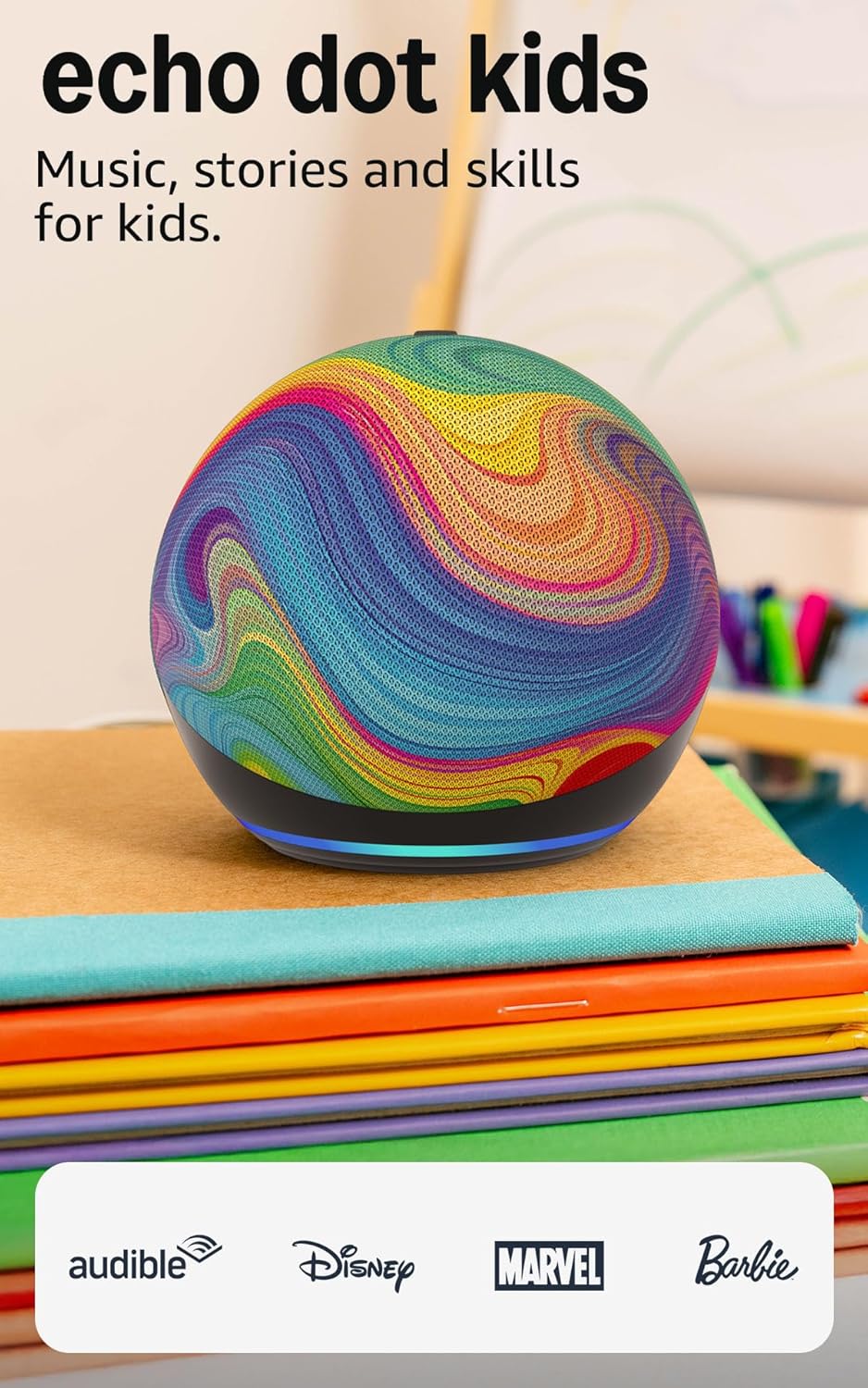Amazon Echo Dot Kids (newest model) – Designed for kids, Designed for Alexa+, parental controls, Includes 1 Year of Amazon Kids+, Rainbow Swirl